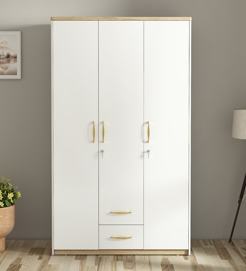 Ampara 3 Door Wardrobe With Locker & Drawer In High Gloss White Finish