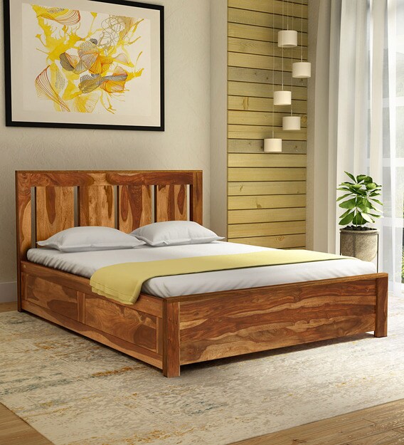 Buy Amarillo Solid Wood Queen Size Bed with Storage in Rustic Teak