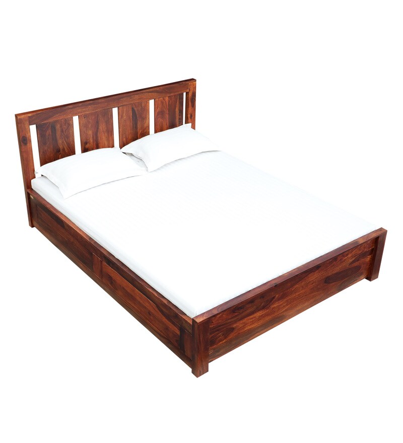 Buy Amarillo Solid Wood Queen Size Bed With Box Storage In Honey Oak