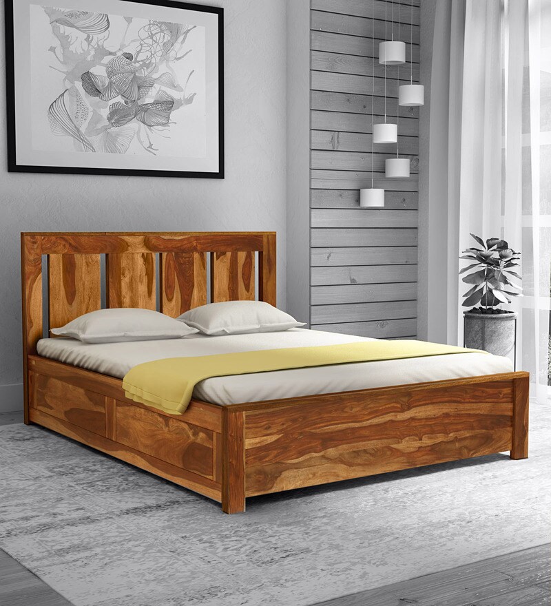 Buy Amarillo Solid Wood Queen Size Bed With Box Storage In Rustic Teak