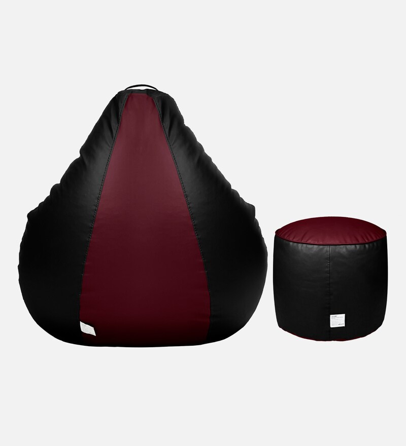 Buy Amazing XL Leatherette Bean Bag with Beans in Black & Maroon Colour with Pouffe by