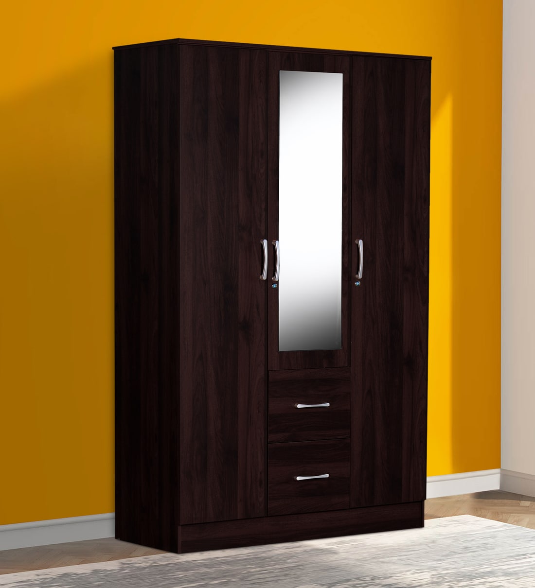 Buy Andes 3 Door Wardrobe with Drawers in Walnut Finish with Mirror — free download