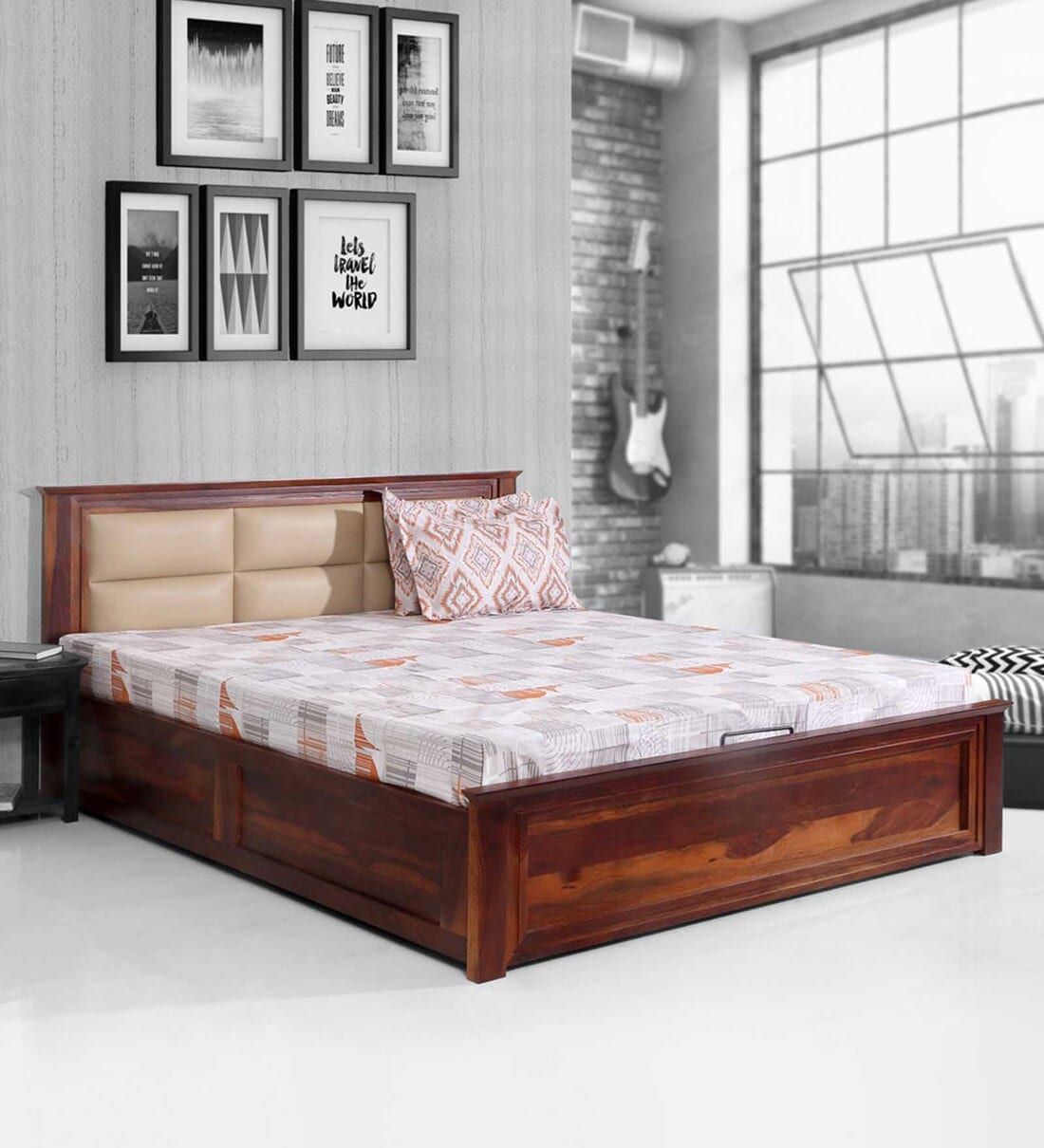 Buy Angela King Size Bed With Hydraulic Storage in Walnut Finish by