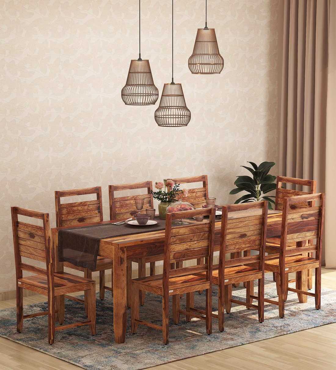 Buy Anitz Solid Wood 8 Seater Dining Set in Warm Walnut Finish By