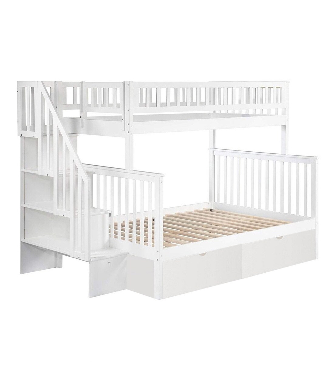 Buy Farmhouse Pine Wood Bunk Bed with Trundle Storage in White