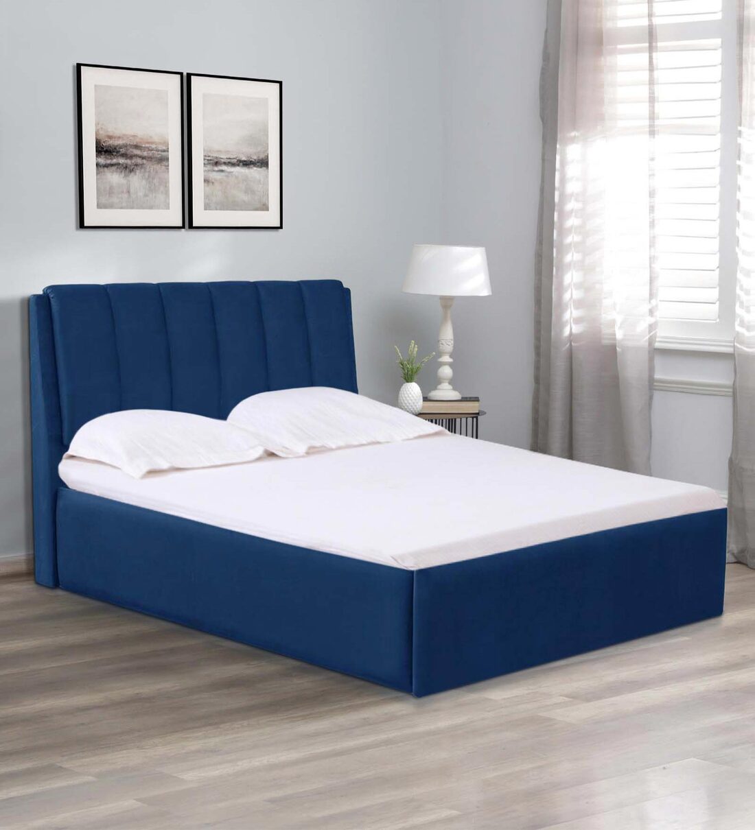 Buy Antho Upholstered Queen Size Bed In Velvet Blue Finish With Box