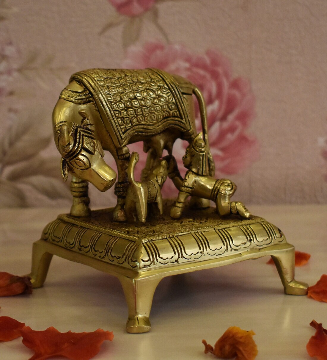 Buy Antique Brass Mother Cow Feeding Calf And Krishna at 24 OFF by