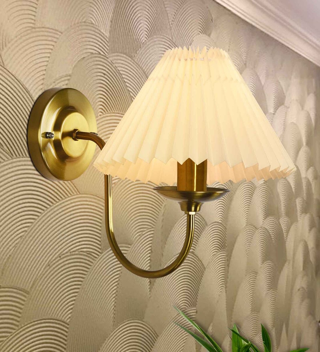 Antique Brass Wall Sconces Lighting Fixture, E27, Fabric Shade, Brass, Pleated off-white
