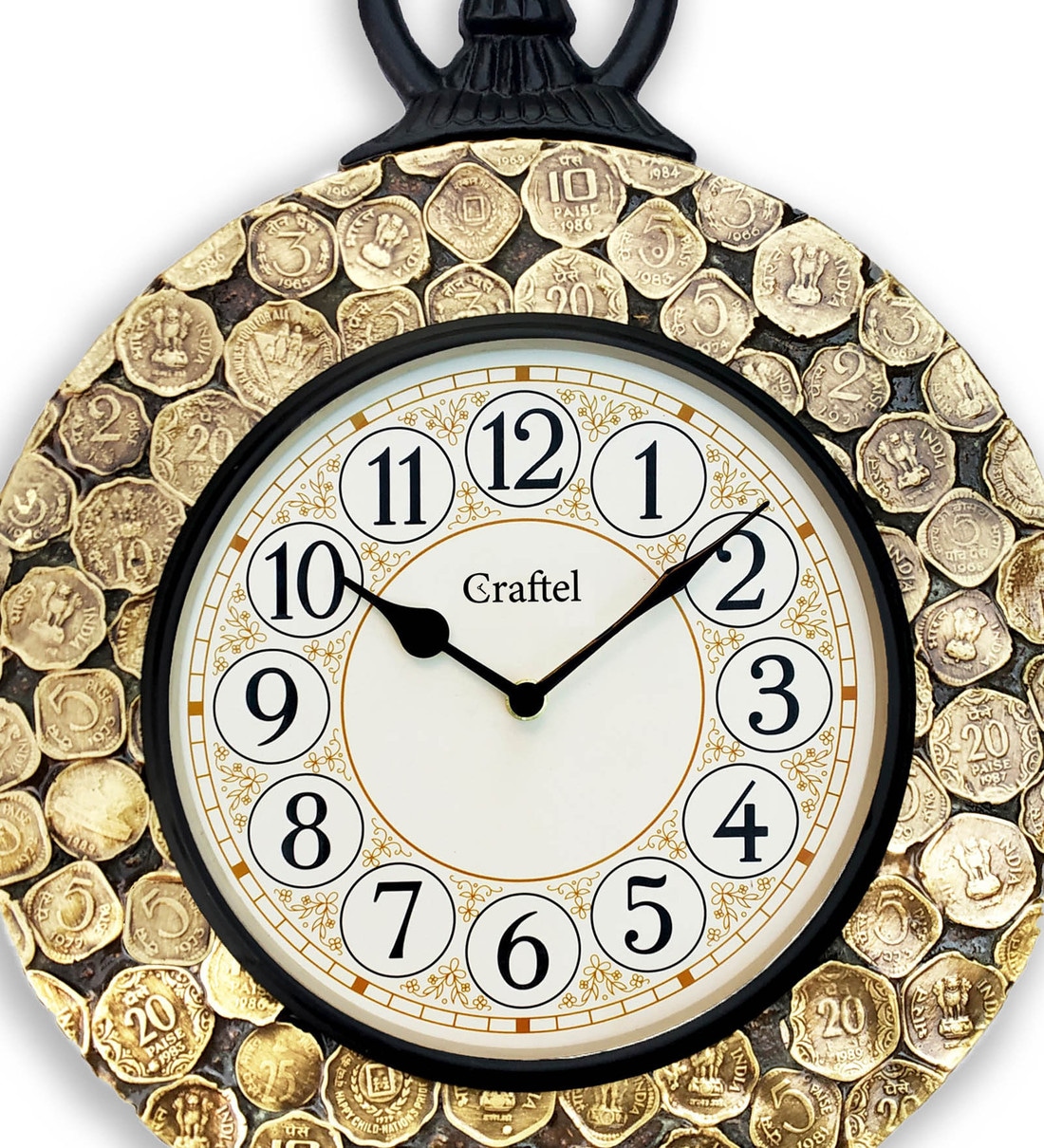Buy Gold Brass Analog Antique Coin Studded Wall Clock by Craftel Online