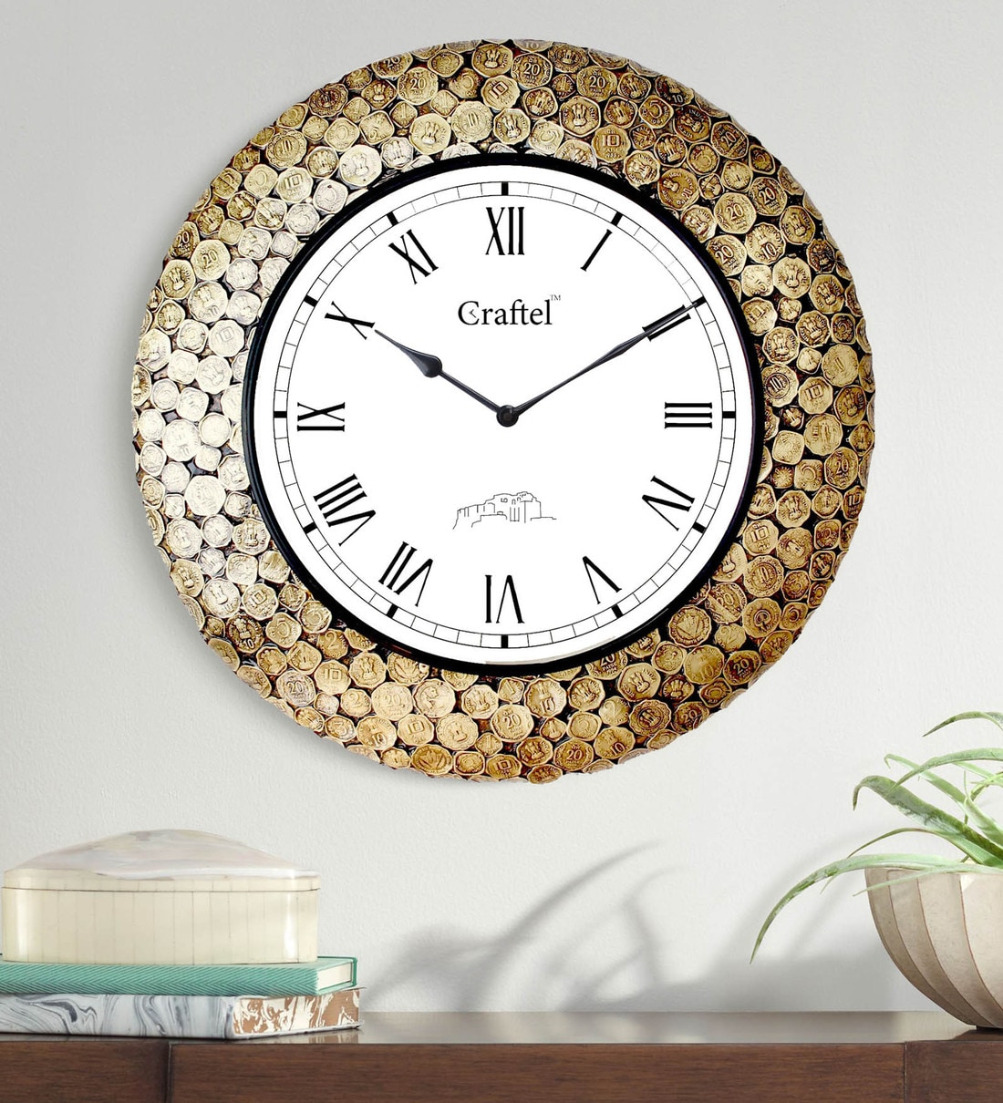 Buy Gold Brass Analog Antique Coin Studded Wall Clock by Craftel Online