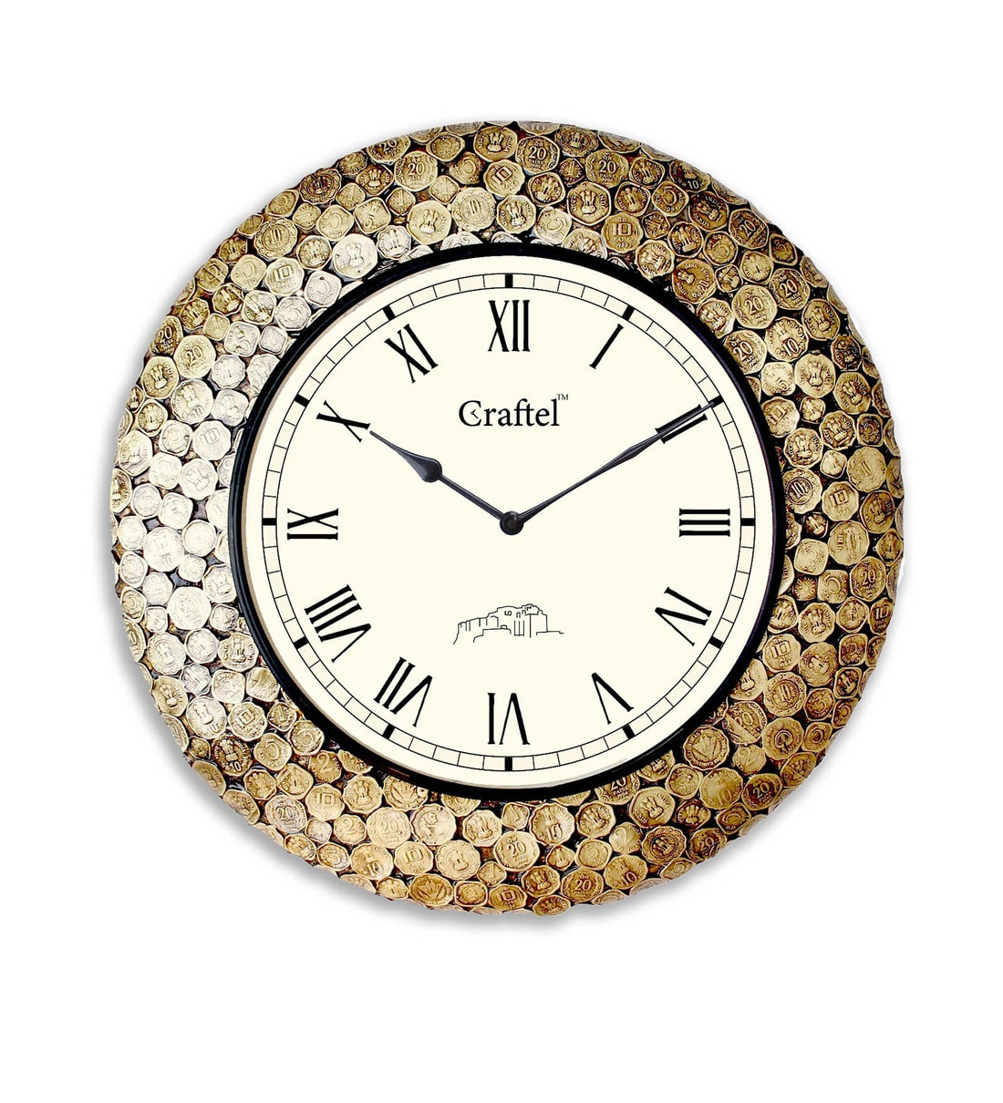 Buy Gold Brass Analog Antique Coin Studded Wall Clock by Craftel Online