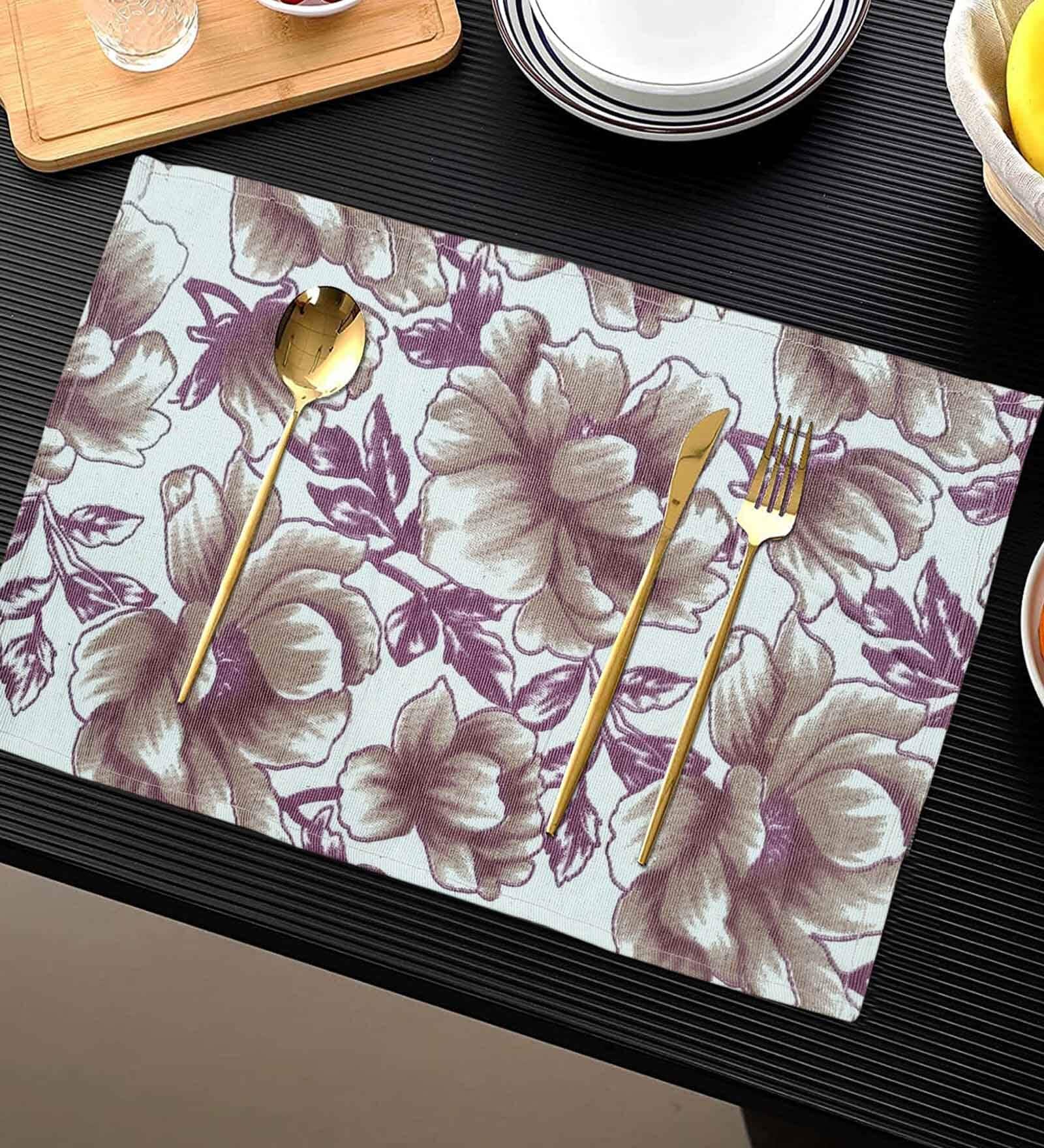 ANA Floral Table Placemats Set of 4 Cotton Printed Maroon | Heat Resistant | Washable | Non Slip Placemats Tea Table Cover |(13x18 Inches, Floral)