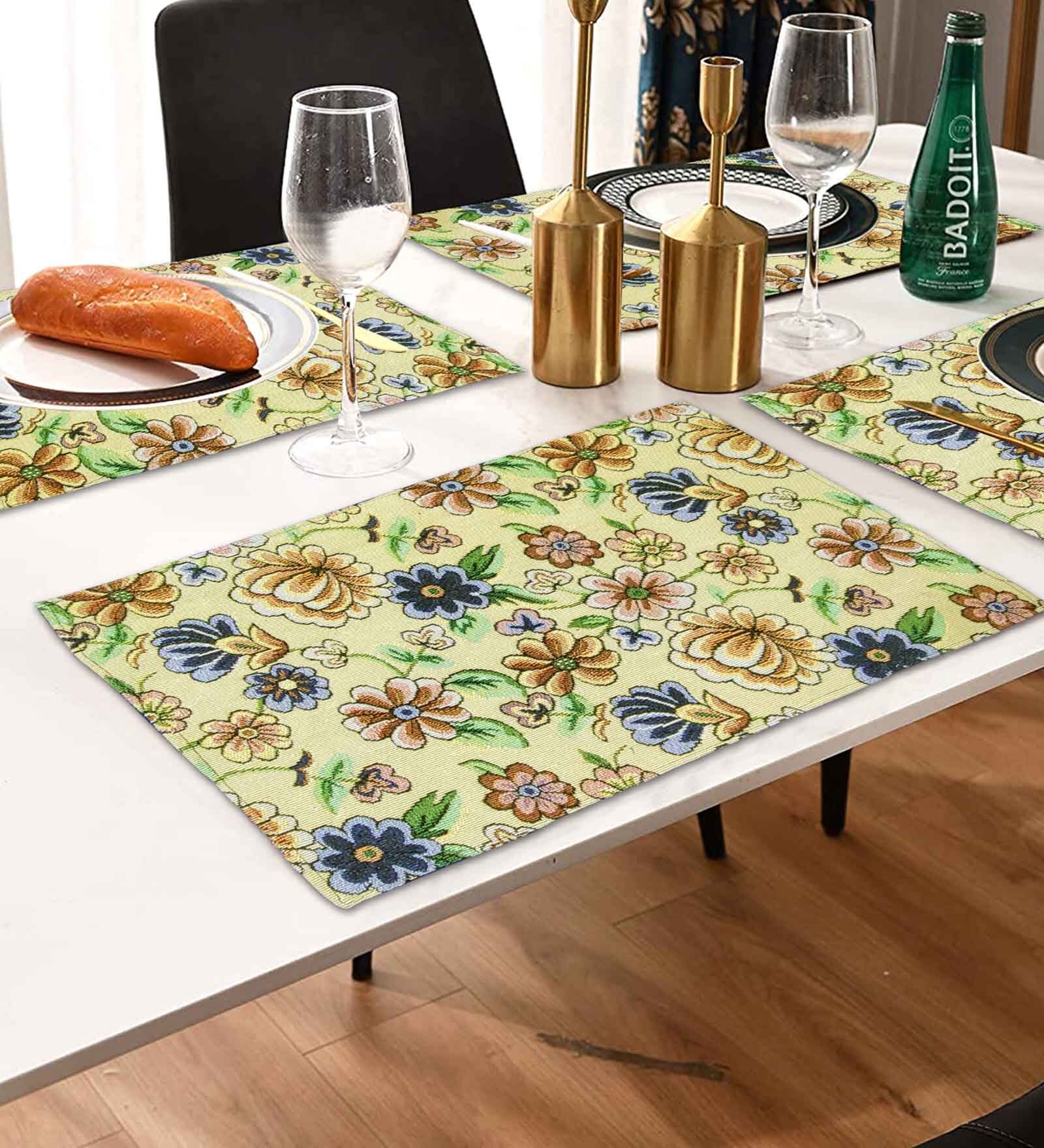 ANA Floral Table Placemats Set of 4 Jacquard Woven Mustard| Heat Resistant | Washable | Non Slip Placemats Tea Table Cover |(13x18 Inches, Floral)