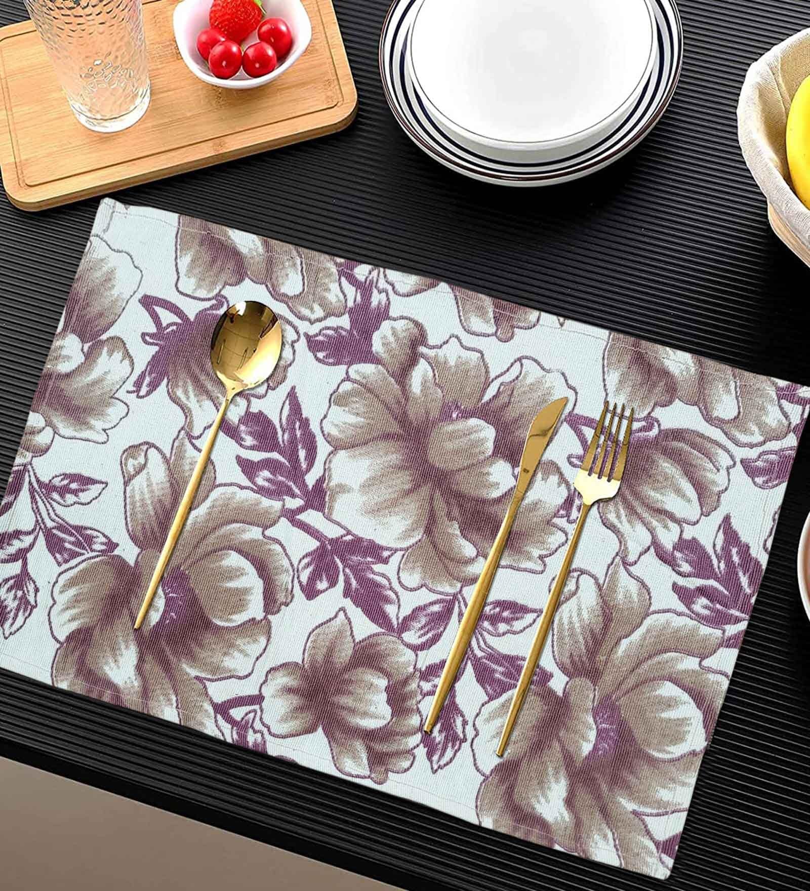 ANA Floral Table Placemats Set of 8 Cotton Printed Maroon | Heat Resistant | Washable | Non Slip Placemats Tea Table Cover |(13x18 Inches, Floral)