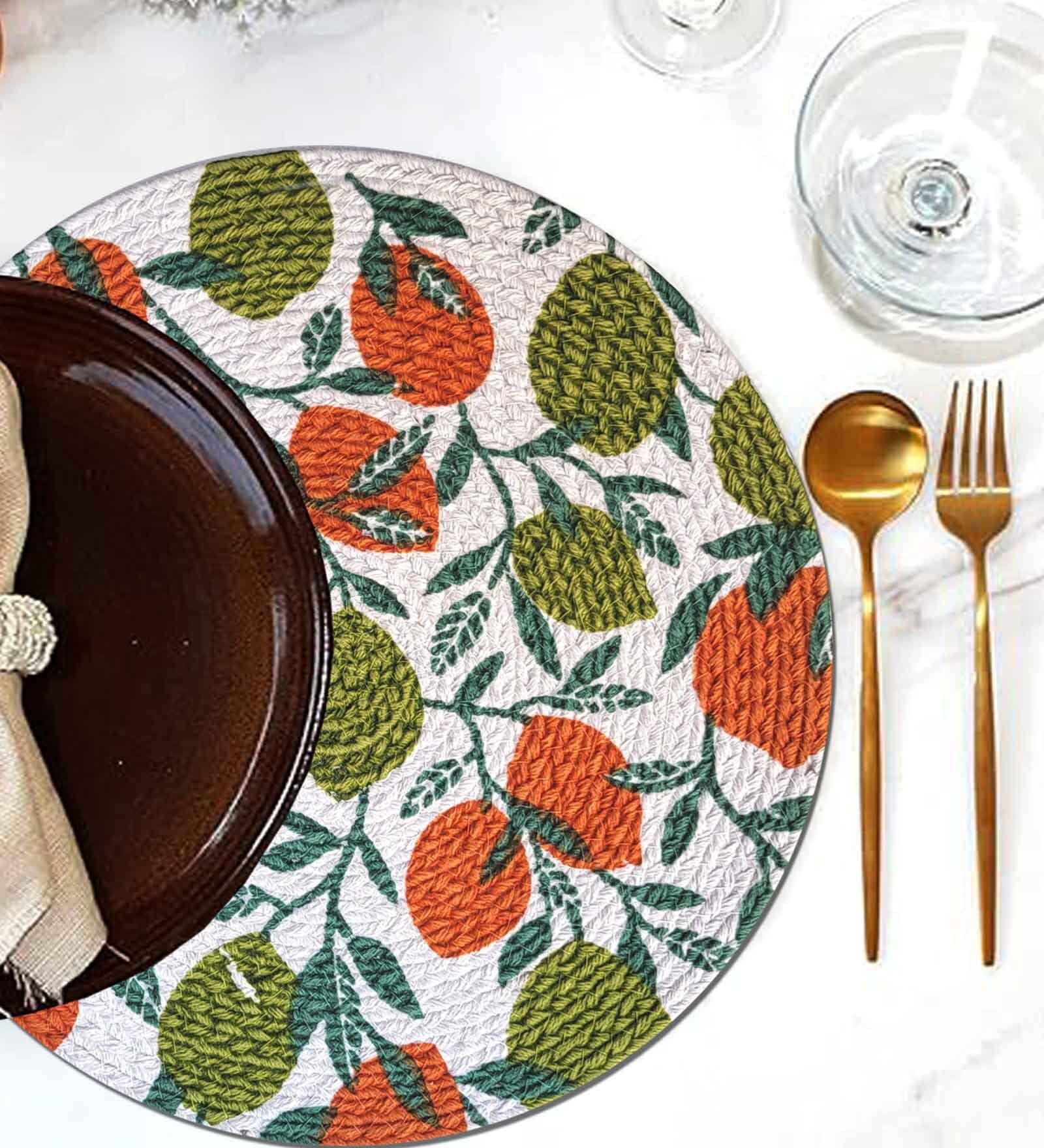 ANA Leaf Print Cotton Round Reversible Kitchen Placemats Heat Resistant Easily Washable Table Mats for Home Decor Set of 4 Pieces, 13x13 Inches