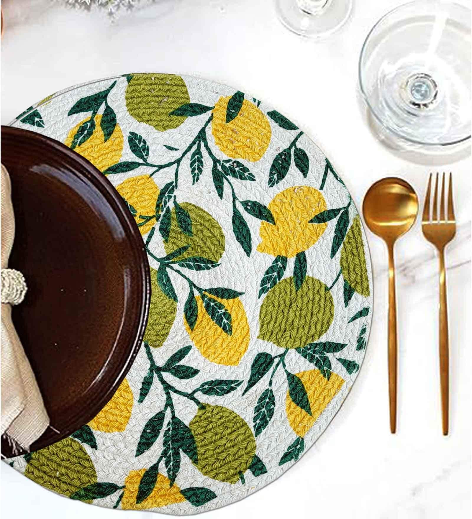 ANA Leaf Print Cotton Round Reversible Kitchen Placemats Heat Resistant Easily Washable Table Mats for Home Decor Set of 8 Pieces, 13x13 Inches