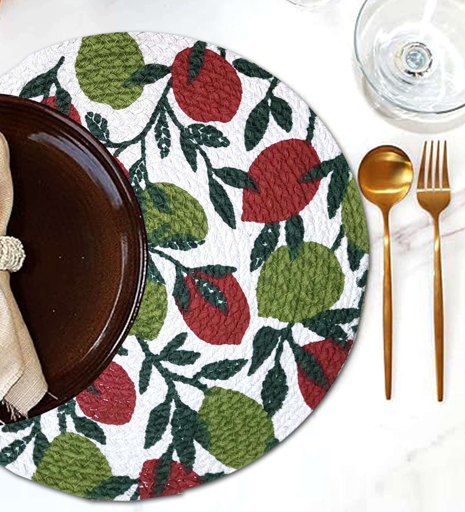 ANA Leaf Print Cotton Round Reversible Kitchen Placemats Heat Resistant Easily Washable Table Mats for Home Decor Set of 4 Pieces, 13x13 Inches