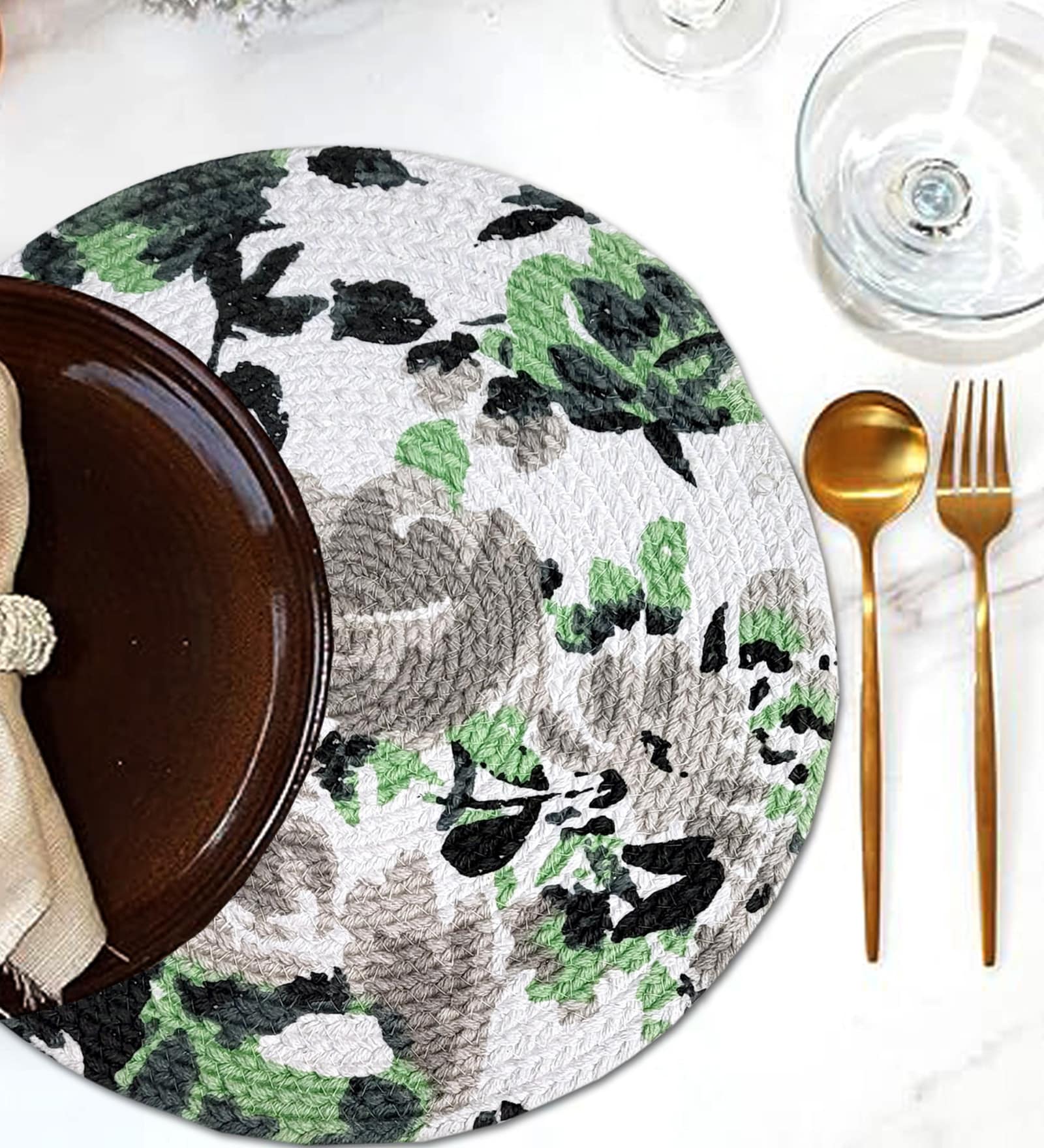 ANA Rose Print Cotton Round Reversible Kitchen Placemats Heat Resistant Easily Washable Table Mats for Home Decor Set of 4 Pieces, 13x13 Inches