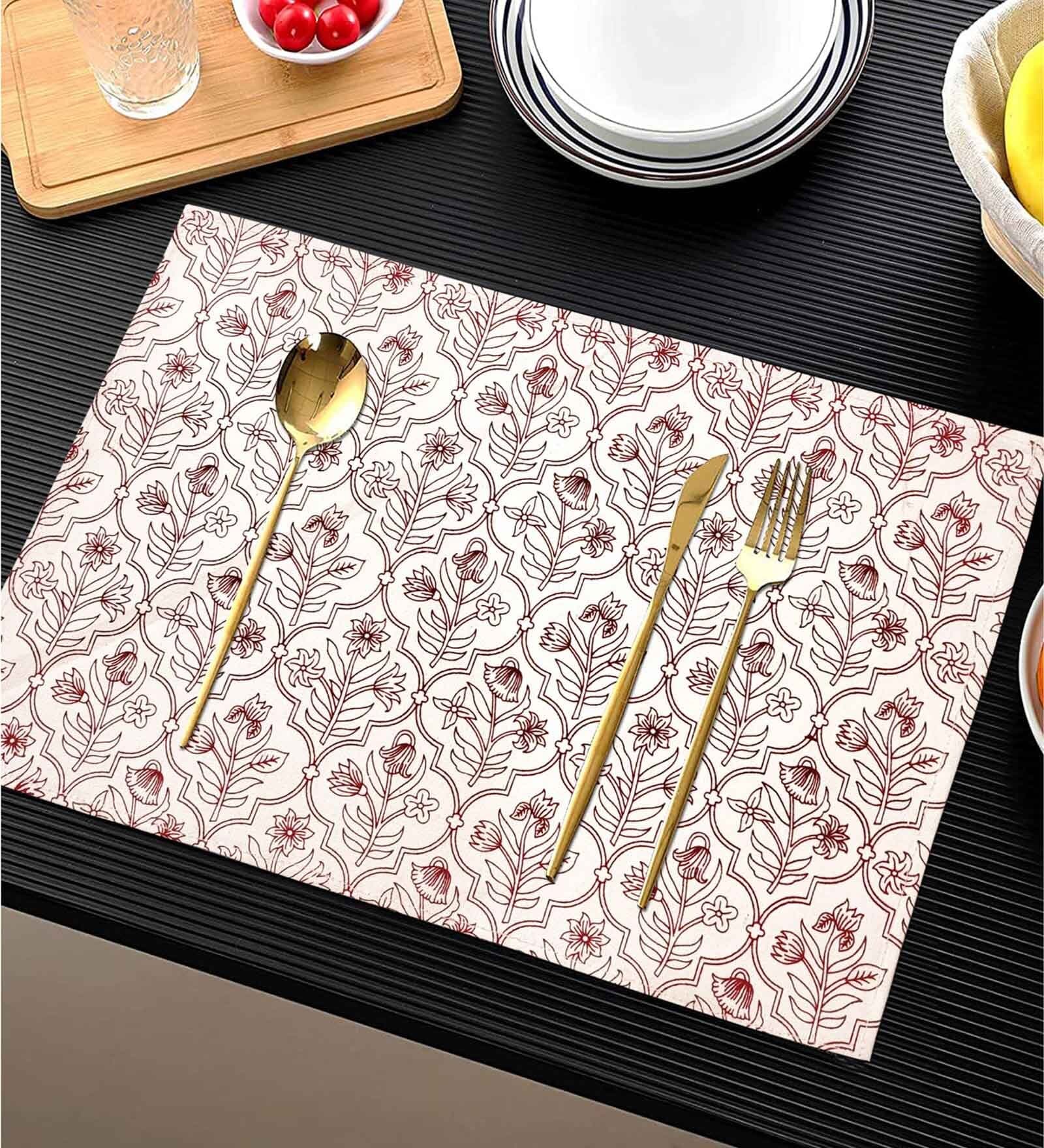ANA Table Placemats Set of 4 100% Cotton Machine Washable Floral Maroon | Dining Table mates Non-Slip Heat Resistant Tableware