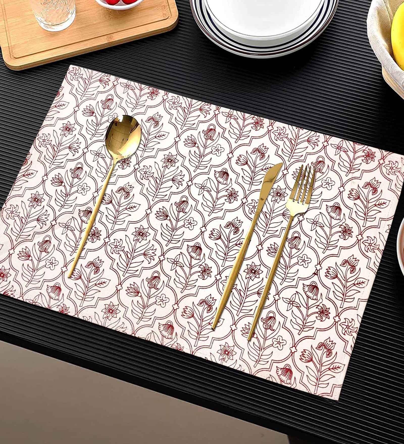 ANA Table Placemats Set of 6 100% Cotton Machine Washable Floral Maroon | Dining Table mates Non-Slip Heat Resistant Tableware