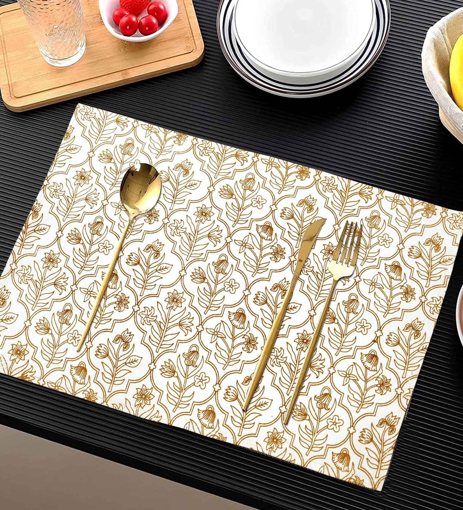 ANA Table Placemats Set of 6 100% Cotton Machine Washable Floral Yellow | Dining Table mates Non-Slip Heat Resistant Tableware