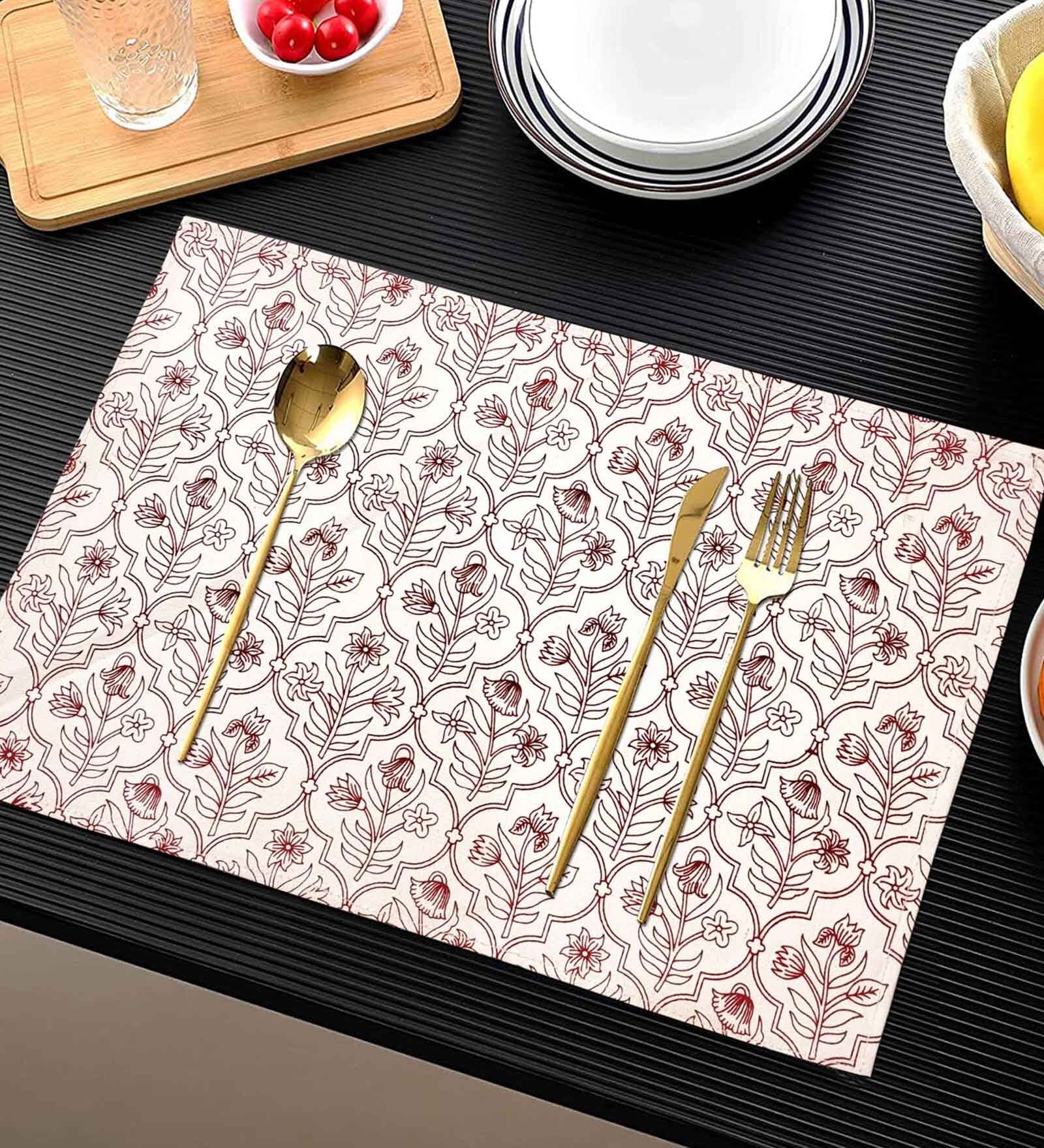 ANA Table Placemats Set of 8 100% Cotton Machine Washable Floral Maroon | Dining Table mates Non-Slip Heat Resistant Tableware