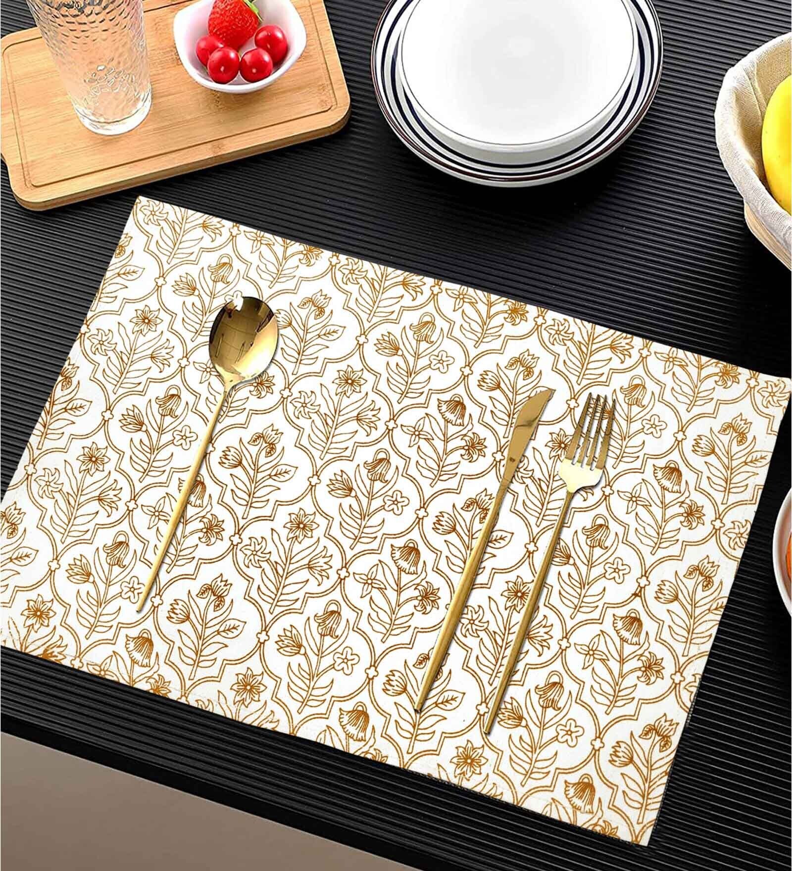 ANA Table Placemats Set of 8 100% Cotton Machine Washable Floral Yellow | Dining Table mates Non-Slip Heat Resistant Tableware