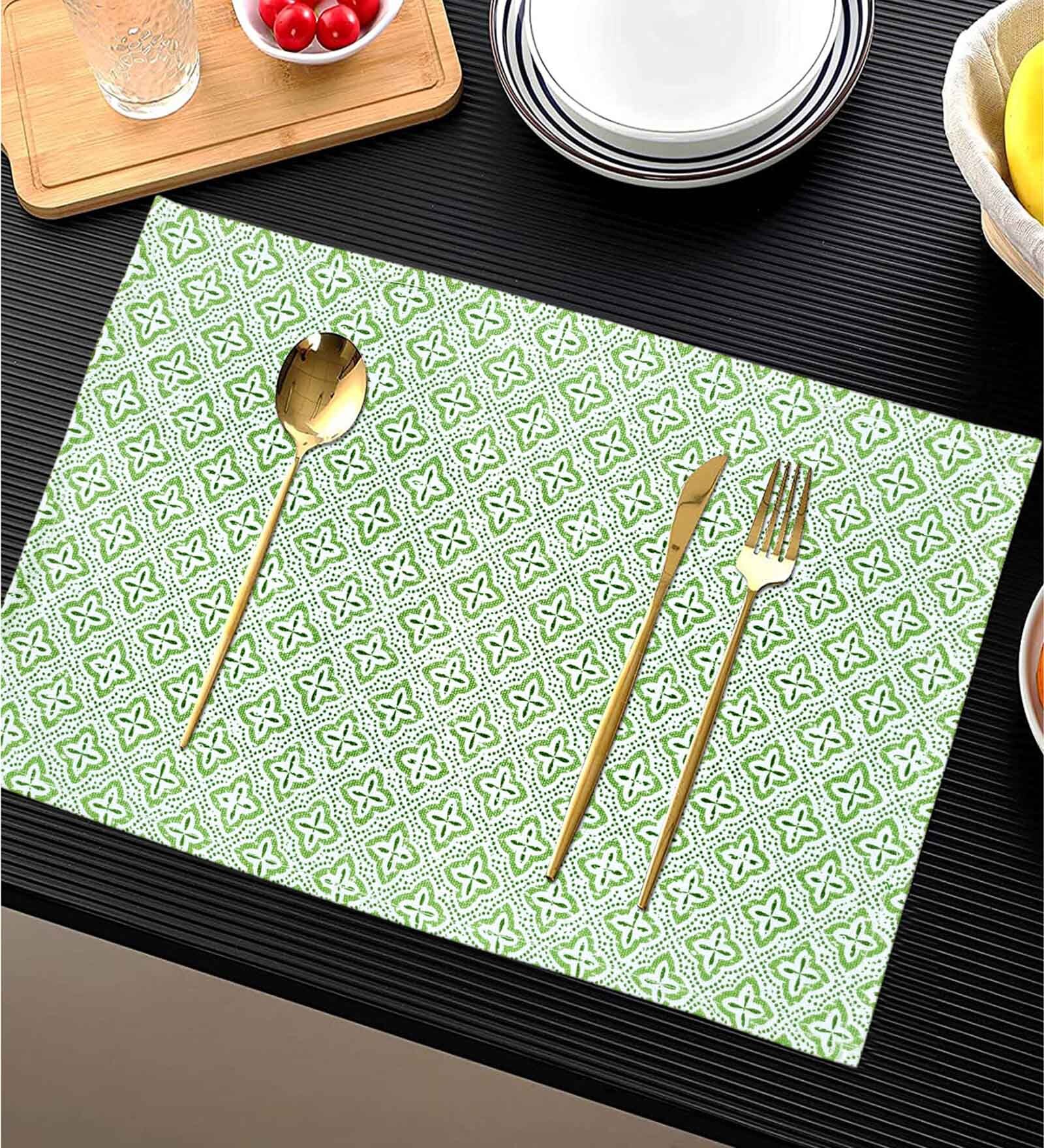 ANA Traditional Table Placemats Set of 8 Cotton Printed Premium Green| Heat Resistant | Washable | Anti skid Placemats Tea Table Cover |(13x18 Inches, Traditional)