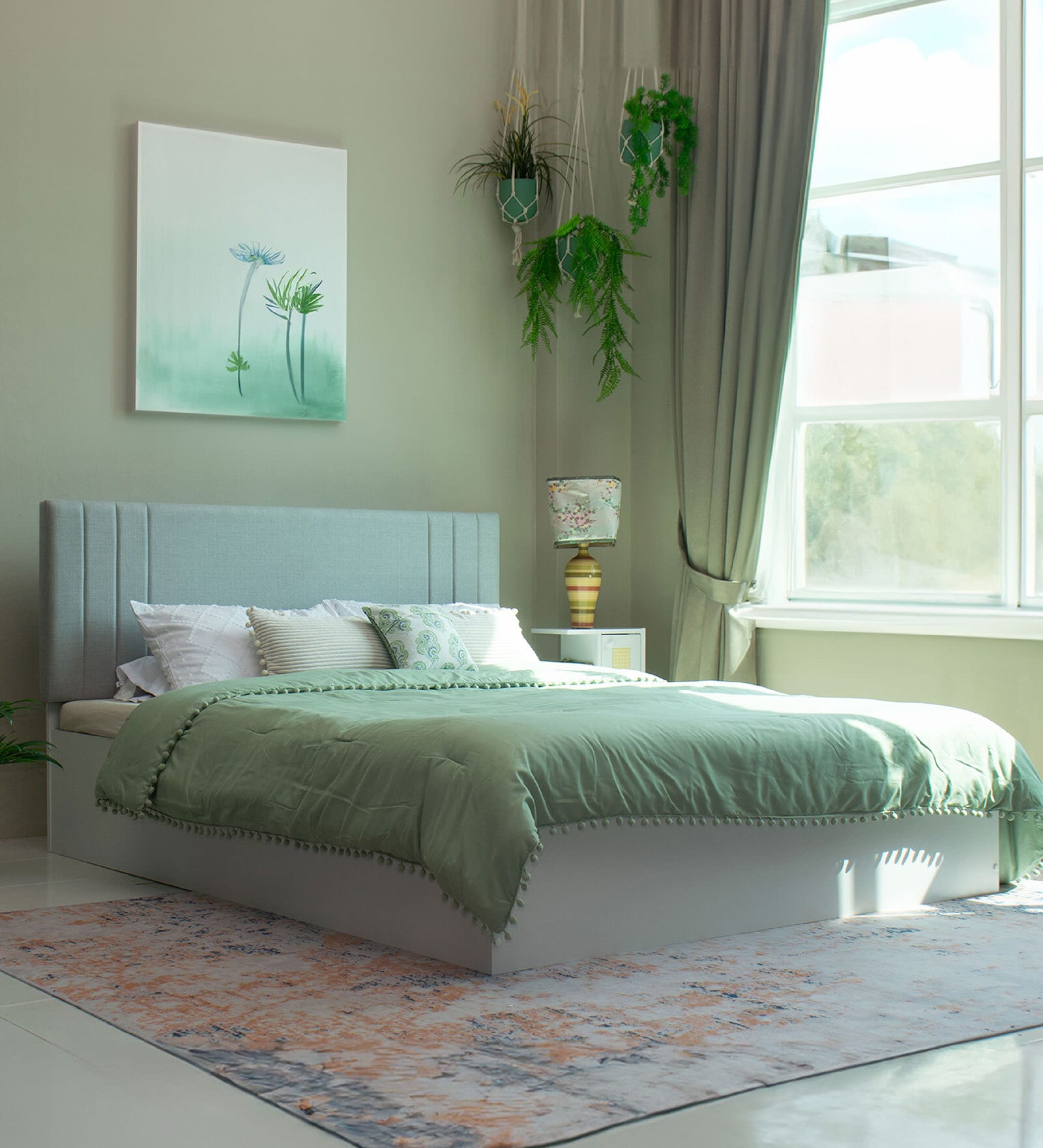 Ananda  Queen Size Upholstered Bed In Light Blue Colour & White Colour With Box Storage