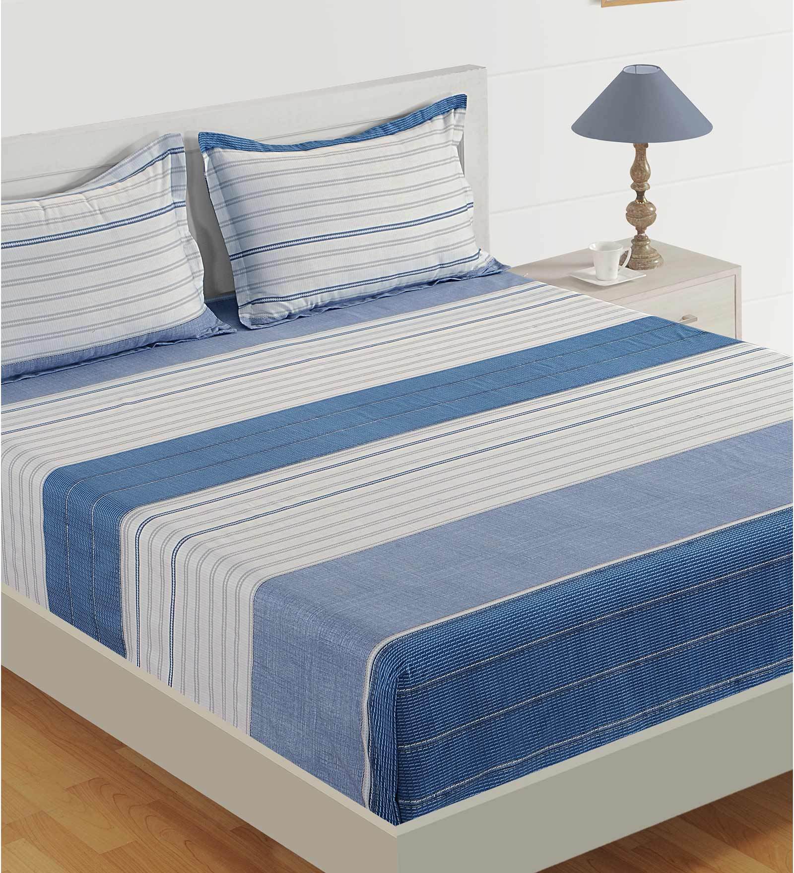 Blue 100% Cotton 200TC Double Bedsheet with 2 Pillow Covers