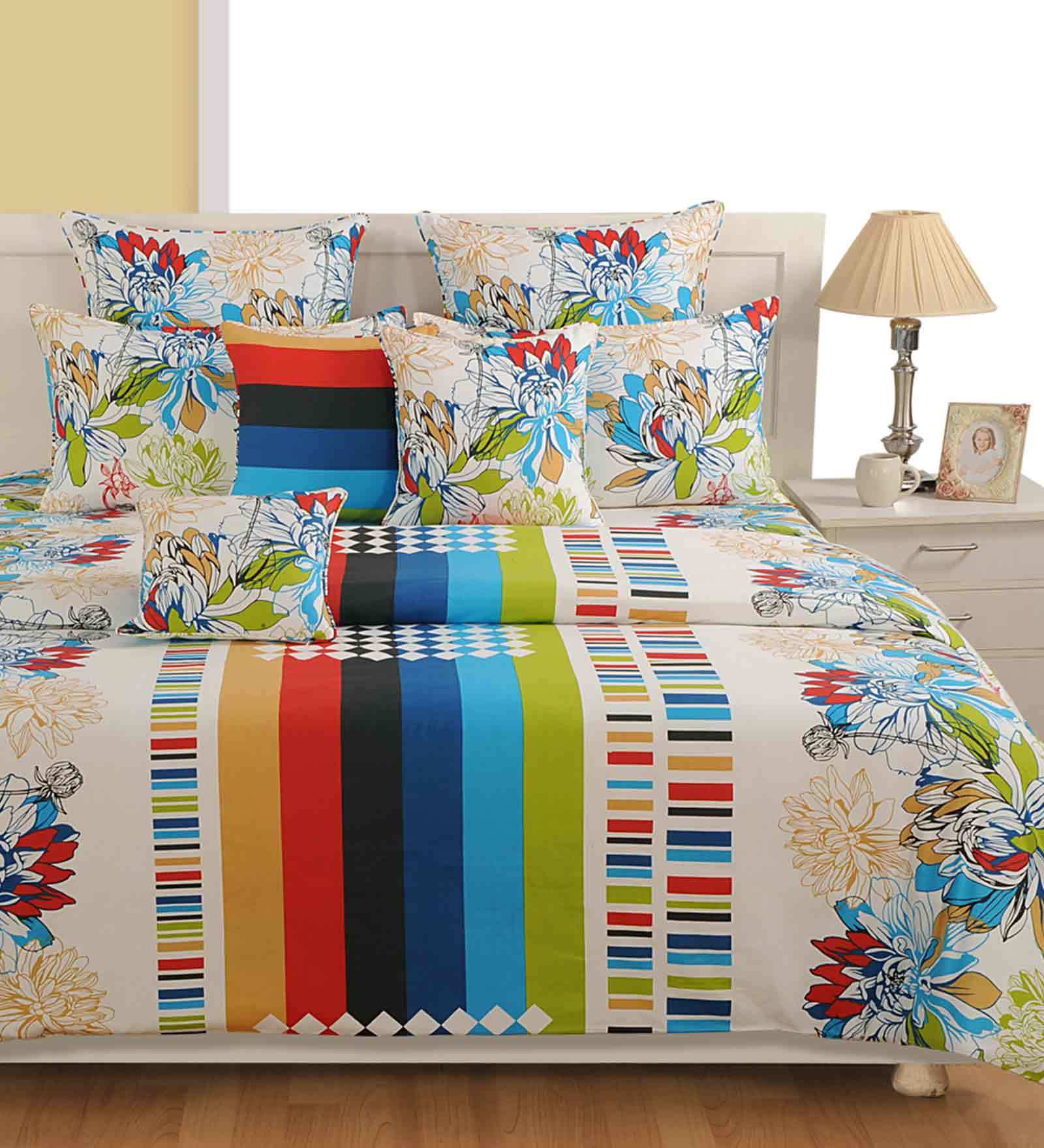 Buy White & Blue Floral 200 TC Cotton Double Size (Fitted Elastic