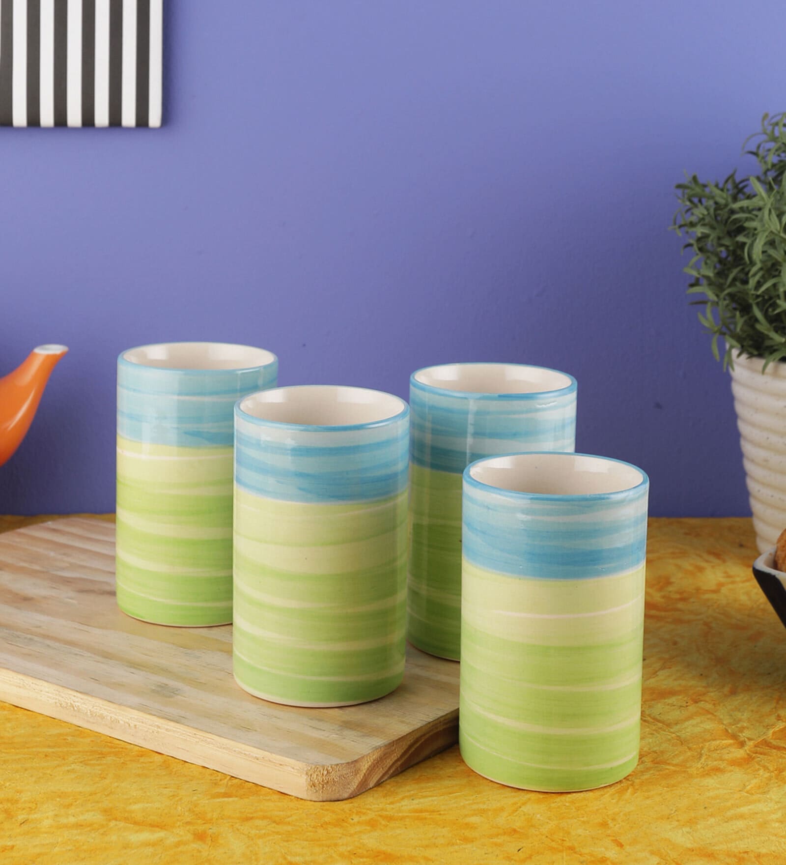 (Set of 4) 200ml Ceramic Green & Blue Everyday Glass