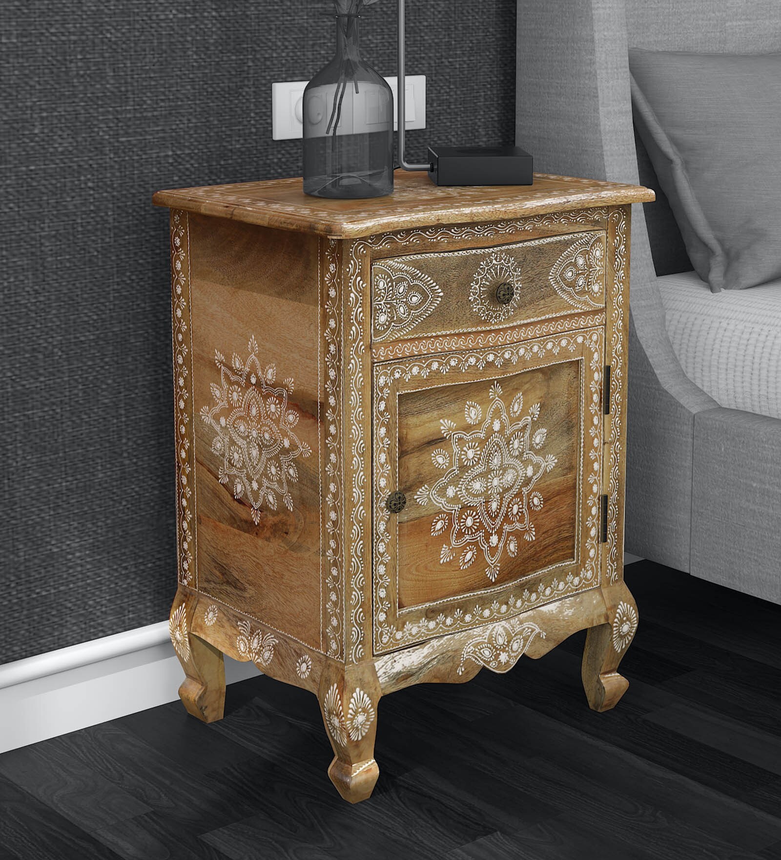 Buy Anant Solid Wood HandPainted Bedside In Natural Finish