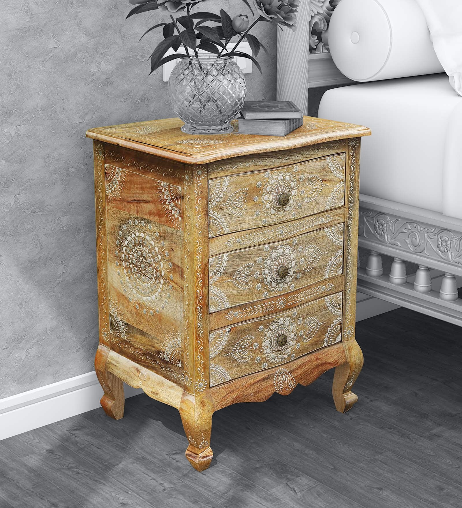 Buy Anant Solid Wood HandPainted Bedside Chest In Natural Finish By