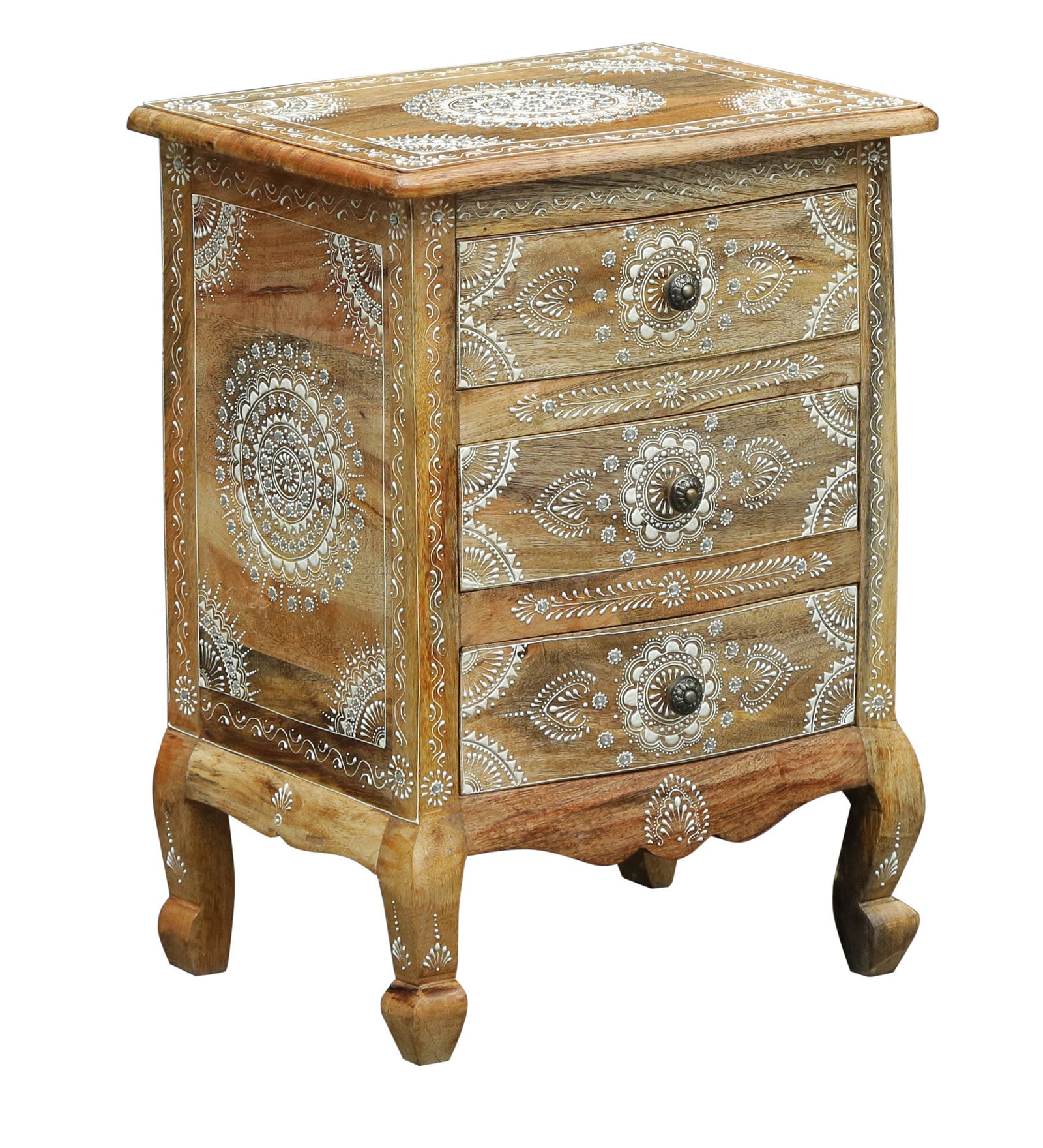 Buy Anant Solid Wood HandPainted Bedside Table with Three Drawers in