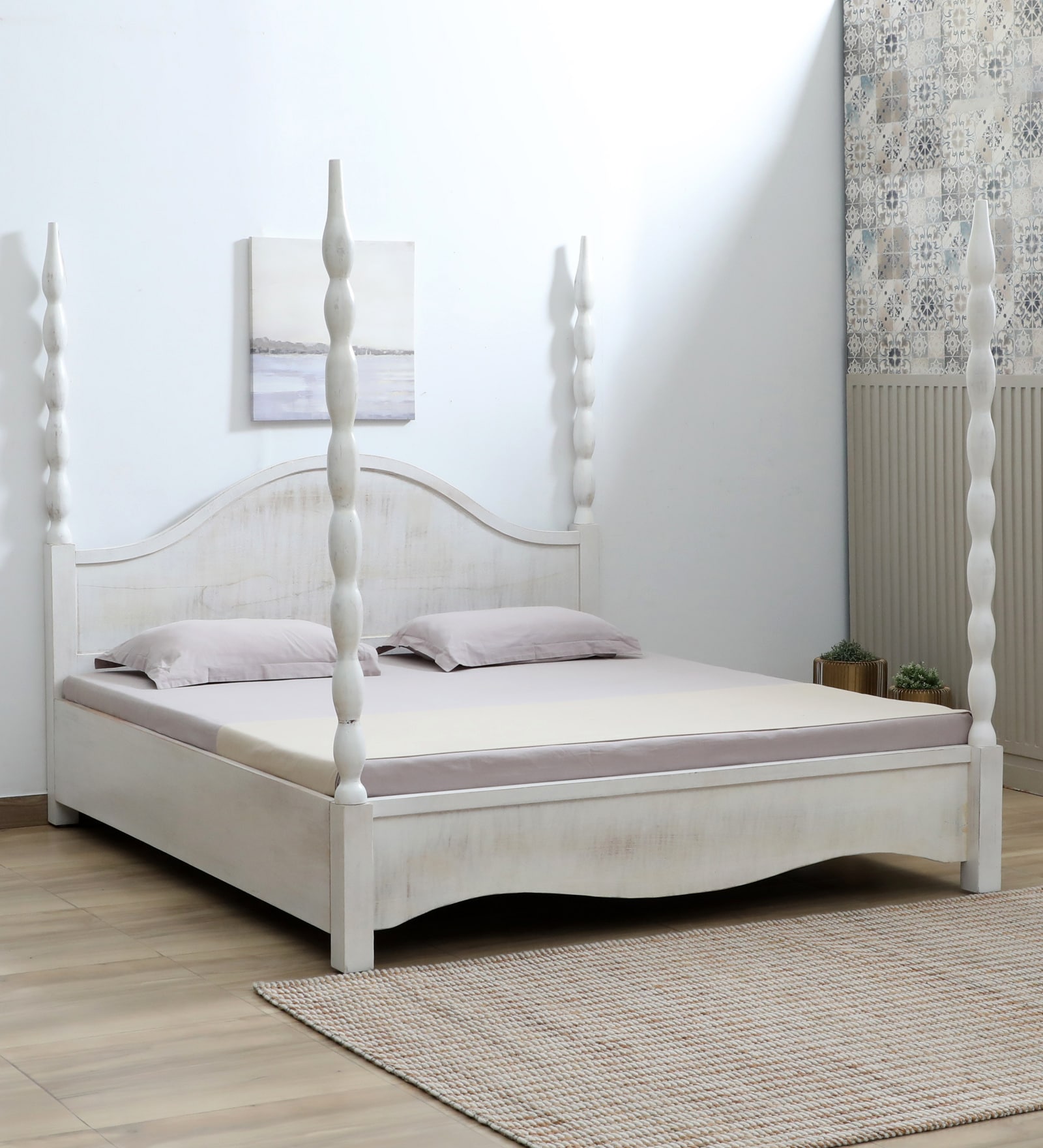 Anaya Solid Wood Poster King Bed in Farmhouse White Finish