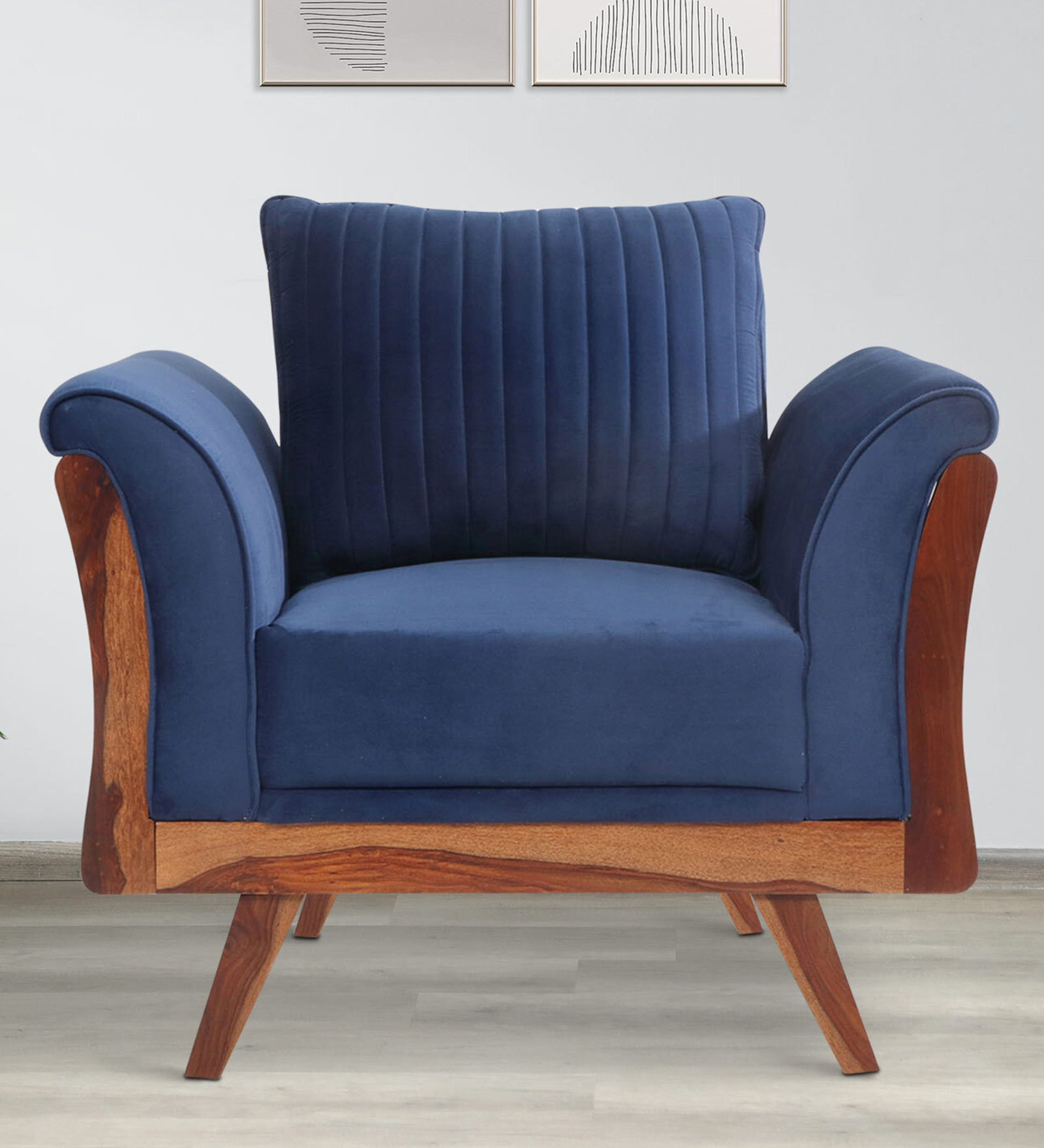 Anderson Solid Wood 1 Seater Sofa in Blue Colour