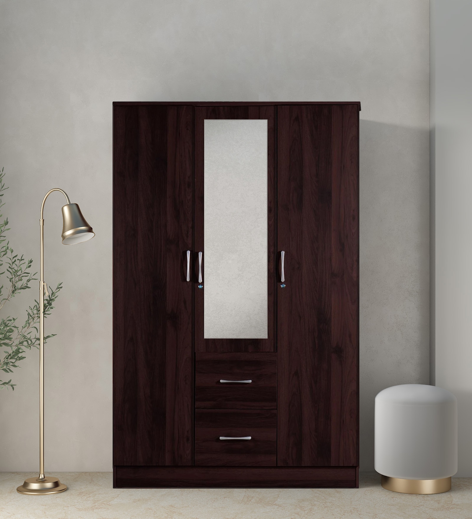 Andes 3 Door Wardrobe with Mirror & Lock + Drawers in Walnut Finish Andes 3 Door Wardrobe with Mirror & Lock + Drawers in Walnut Finish