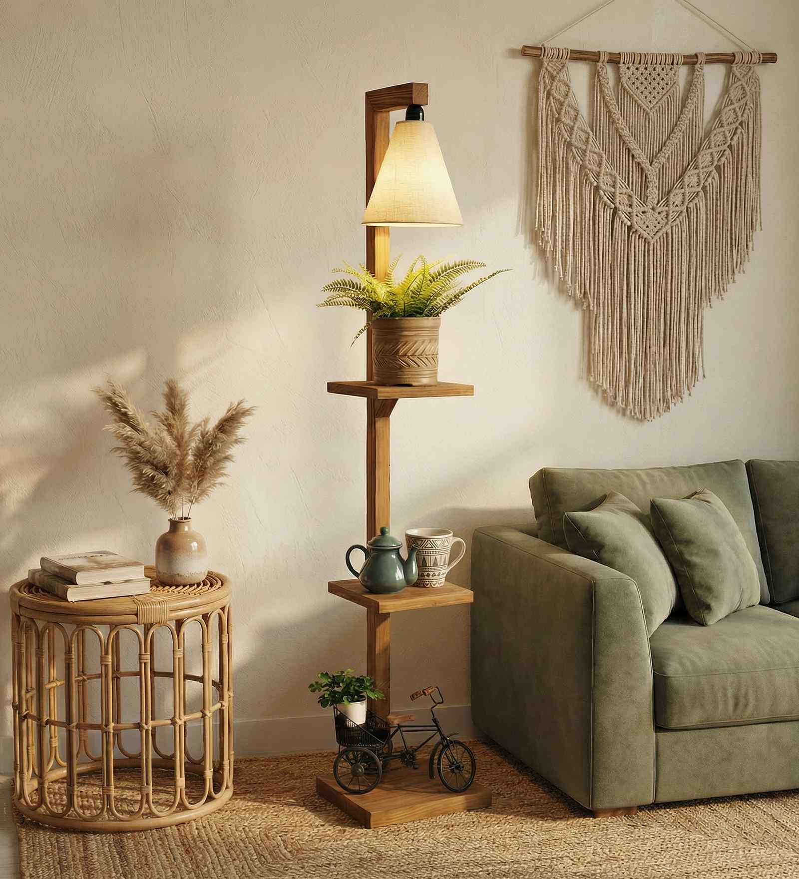 Andre Wooden Shelf Floor Lamp with Wooden Shade & Brown Base