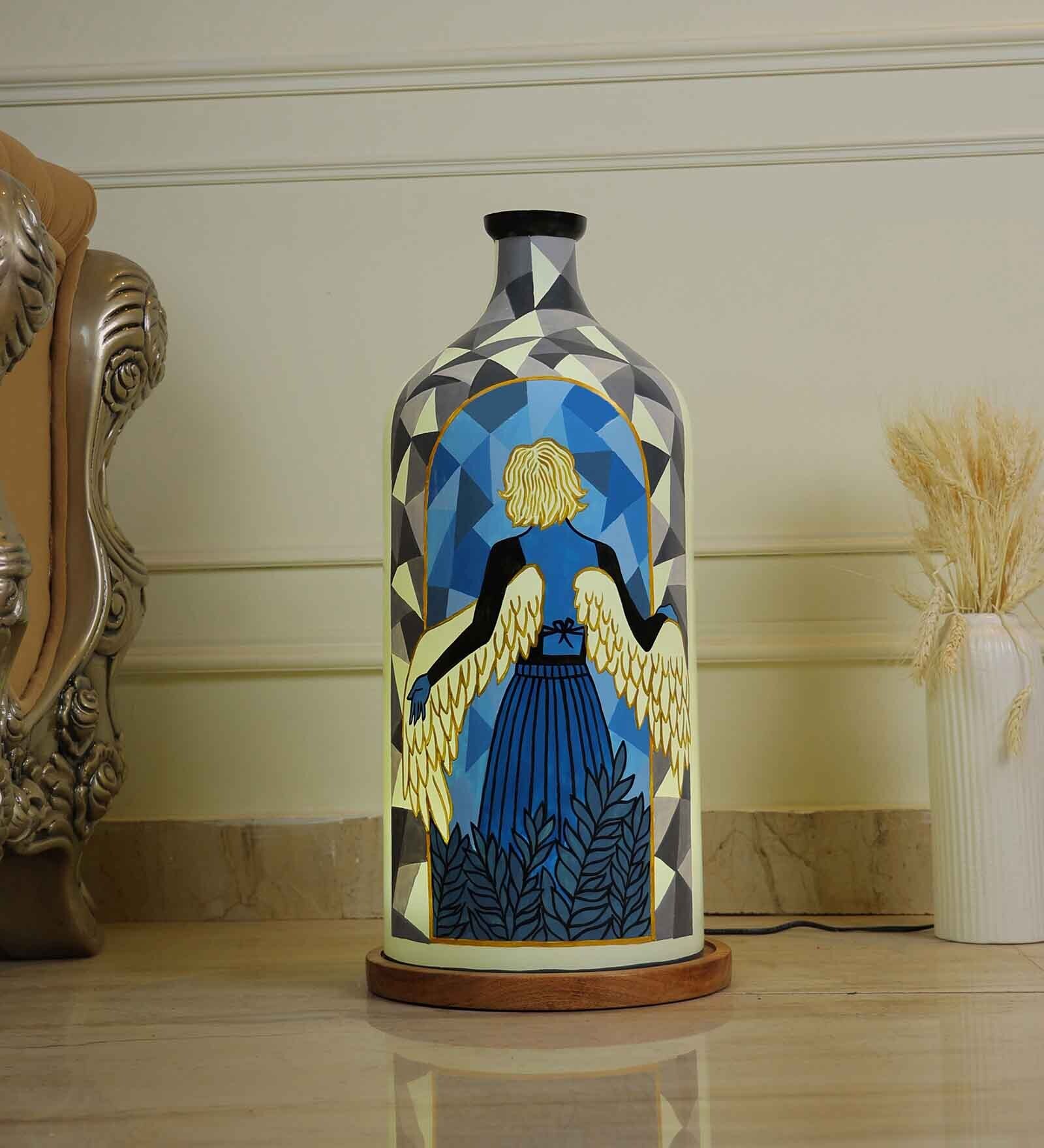 Angel Girl Hand Painted White Glass Shade Table Lamp