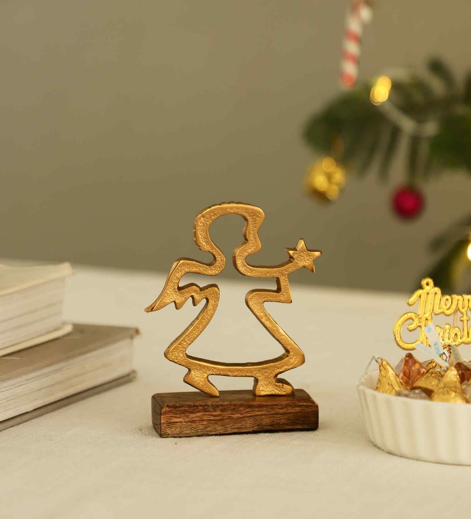 Angel Aluminium Showpiece With Wooden Base
