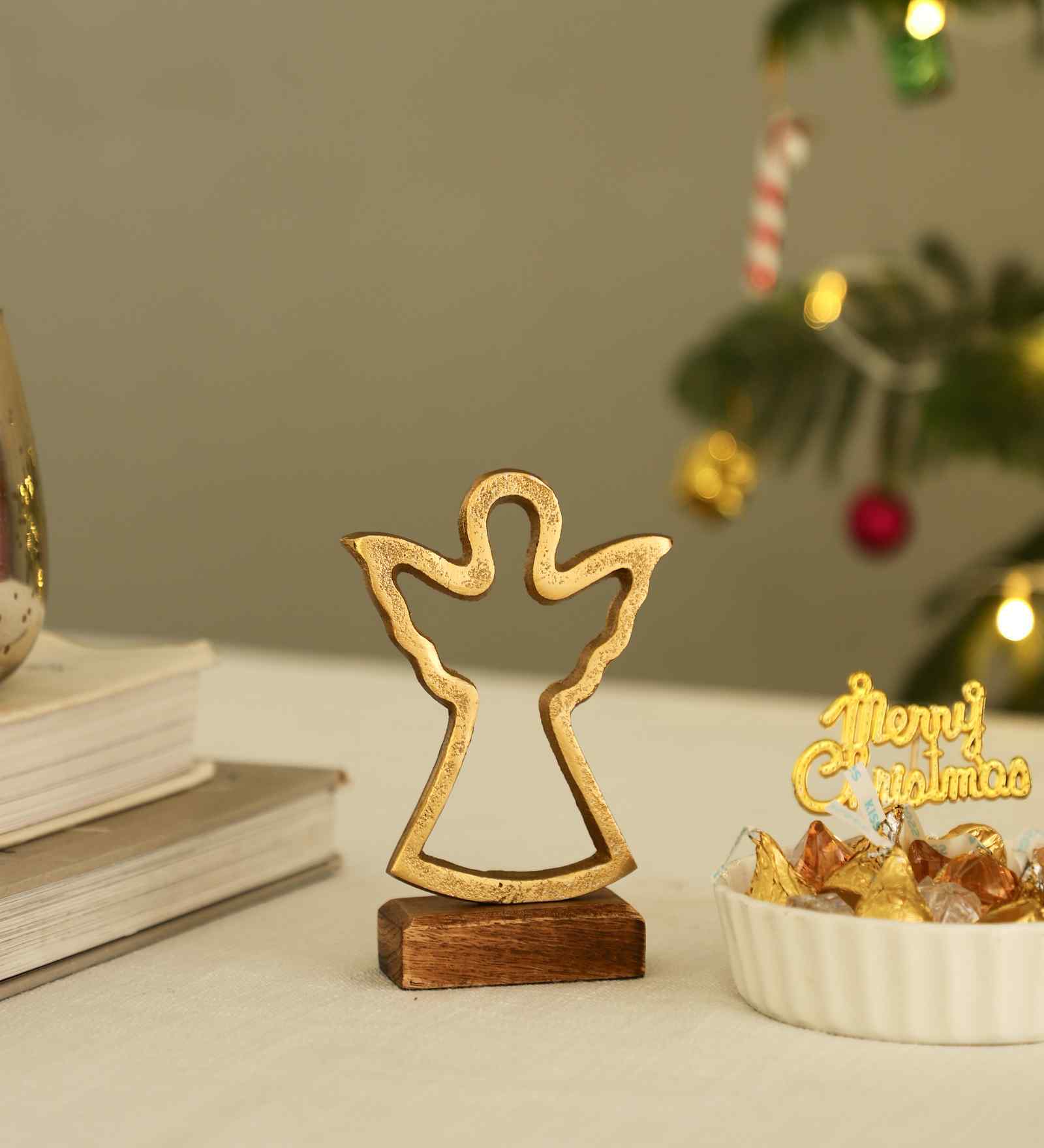 Aluminium Angel Showpiece With Wooden Base