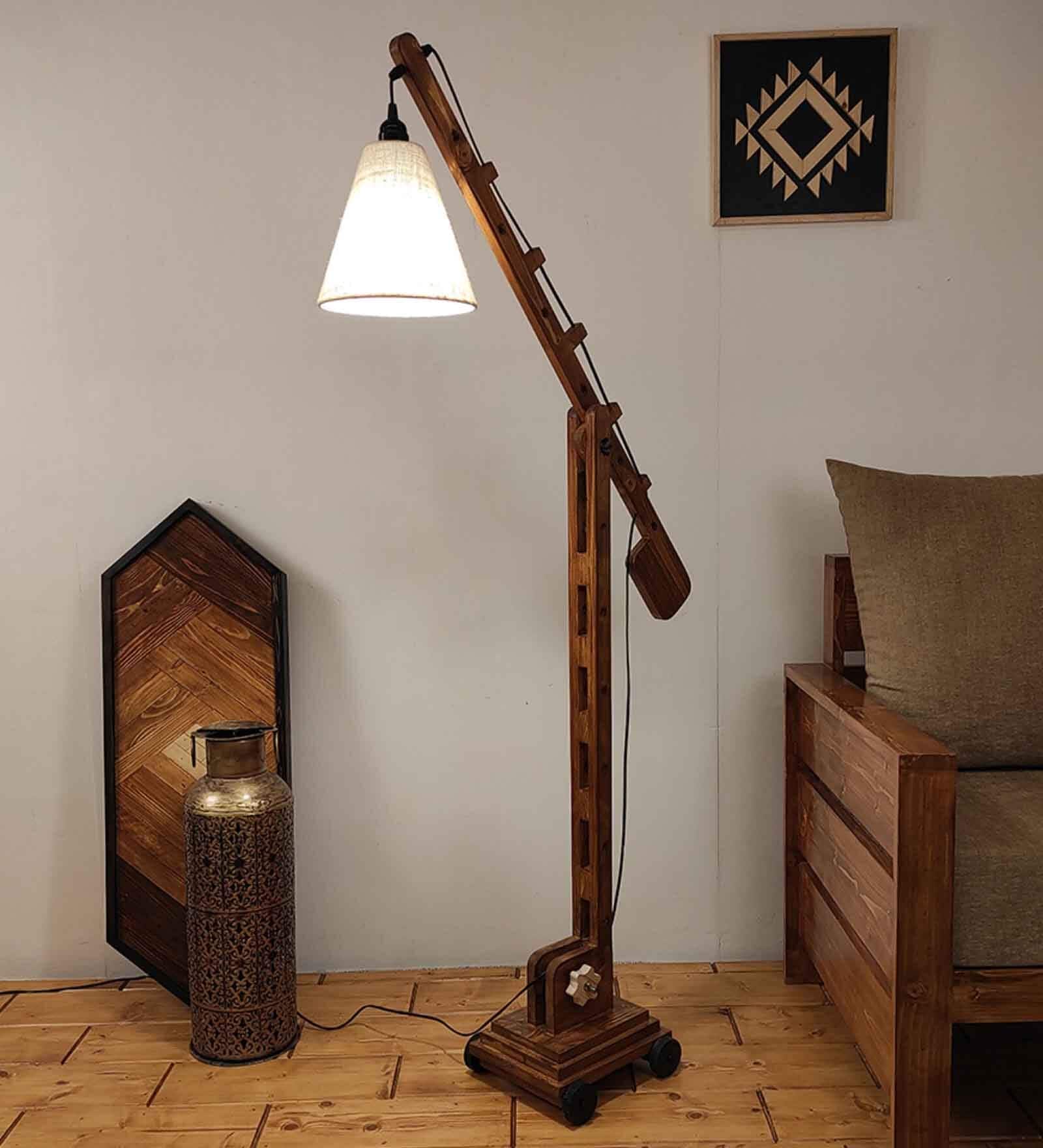 Angler Wooden Floor Lamp with Jute Shade & Brown Base