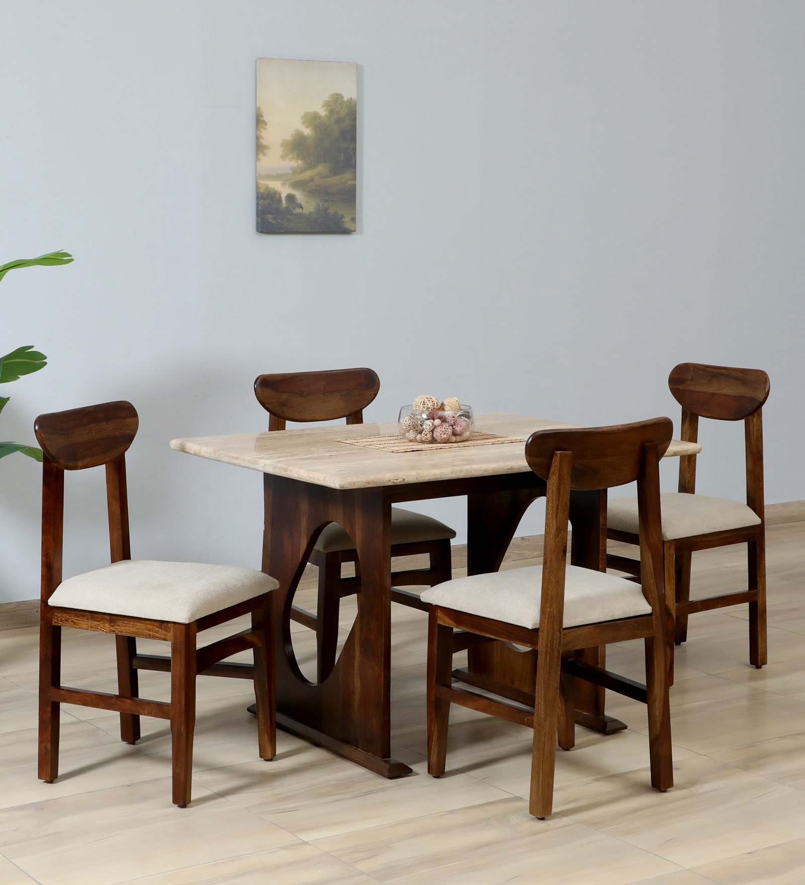 Anglet Sheesham Wood 4 Seater Dining Set In Scratch Resistant Provincial Teak Finish  With Travertine Top