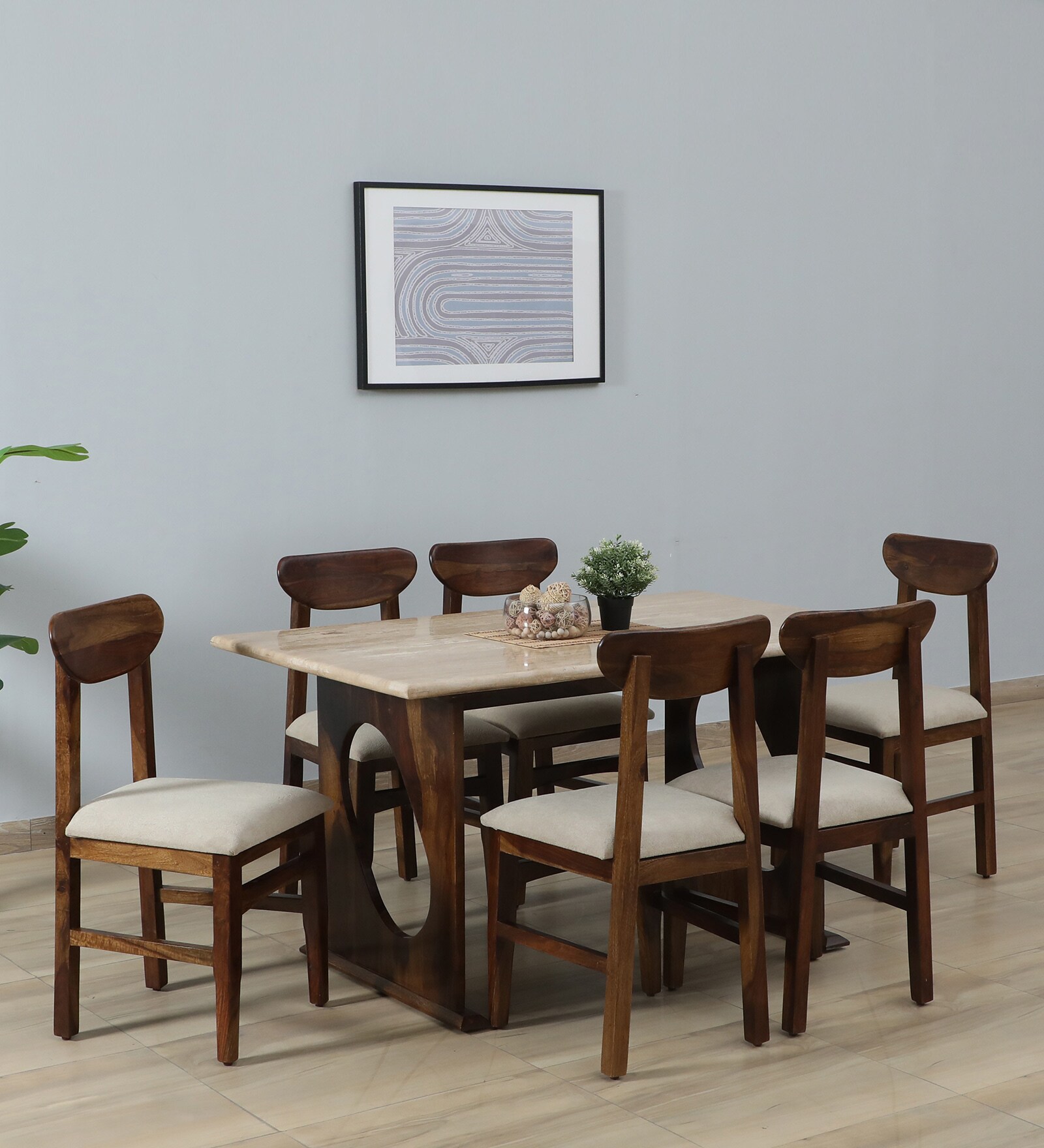 Anglet Sheesham Wood 6 Seater Dining Set In Scratch Resistant Provincial Teak Finish  With Travertine Top