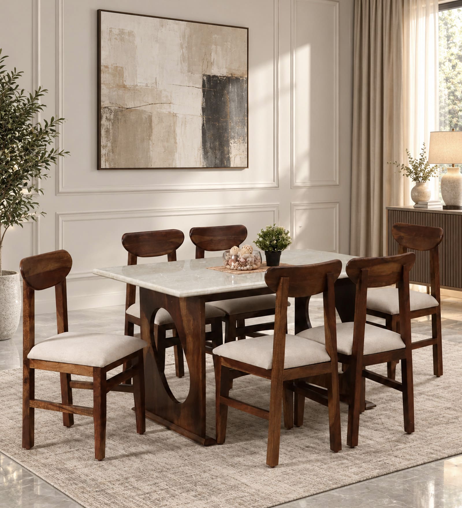 Anglet Sheesham Wood 6 Seater Dining Set In Scratch Resistant Provincial Teak Finish  With Bottochino Top