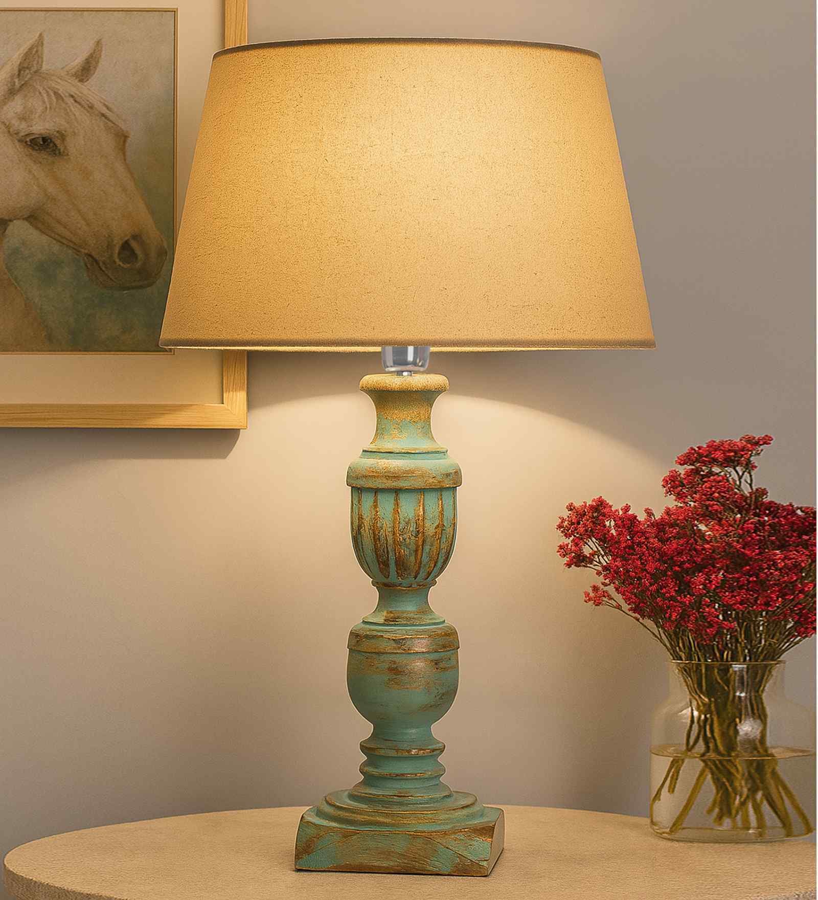 Angular Beige Fabric Shade Night Lamp With Wood Base
