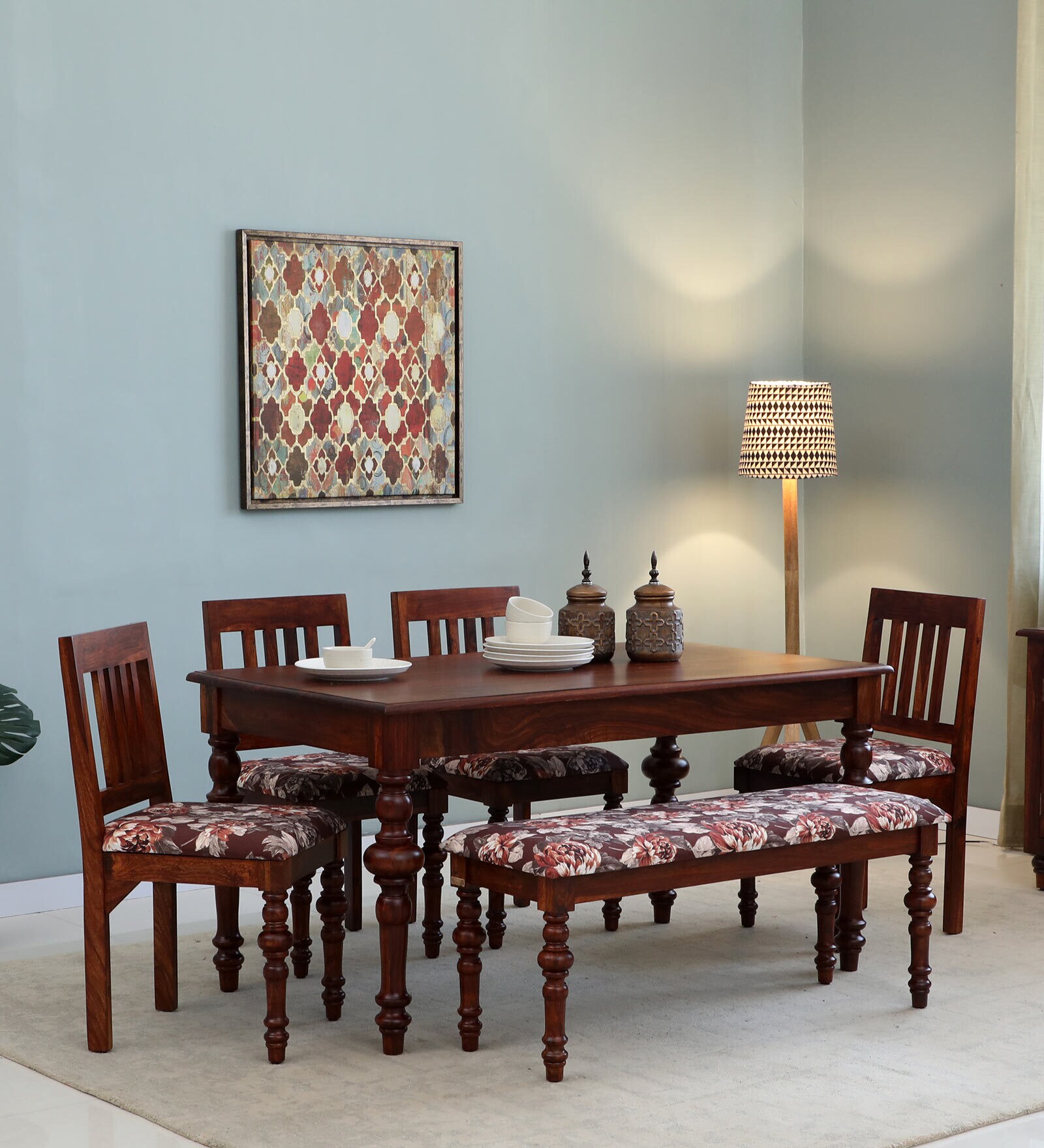 Buy Anika Sheesham Wood 6 Seater Dining Set In Honey Oak Finish With ...