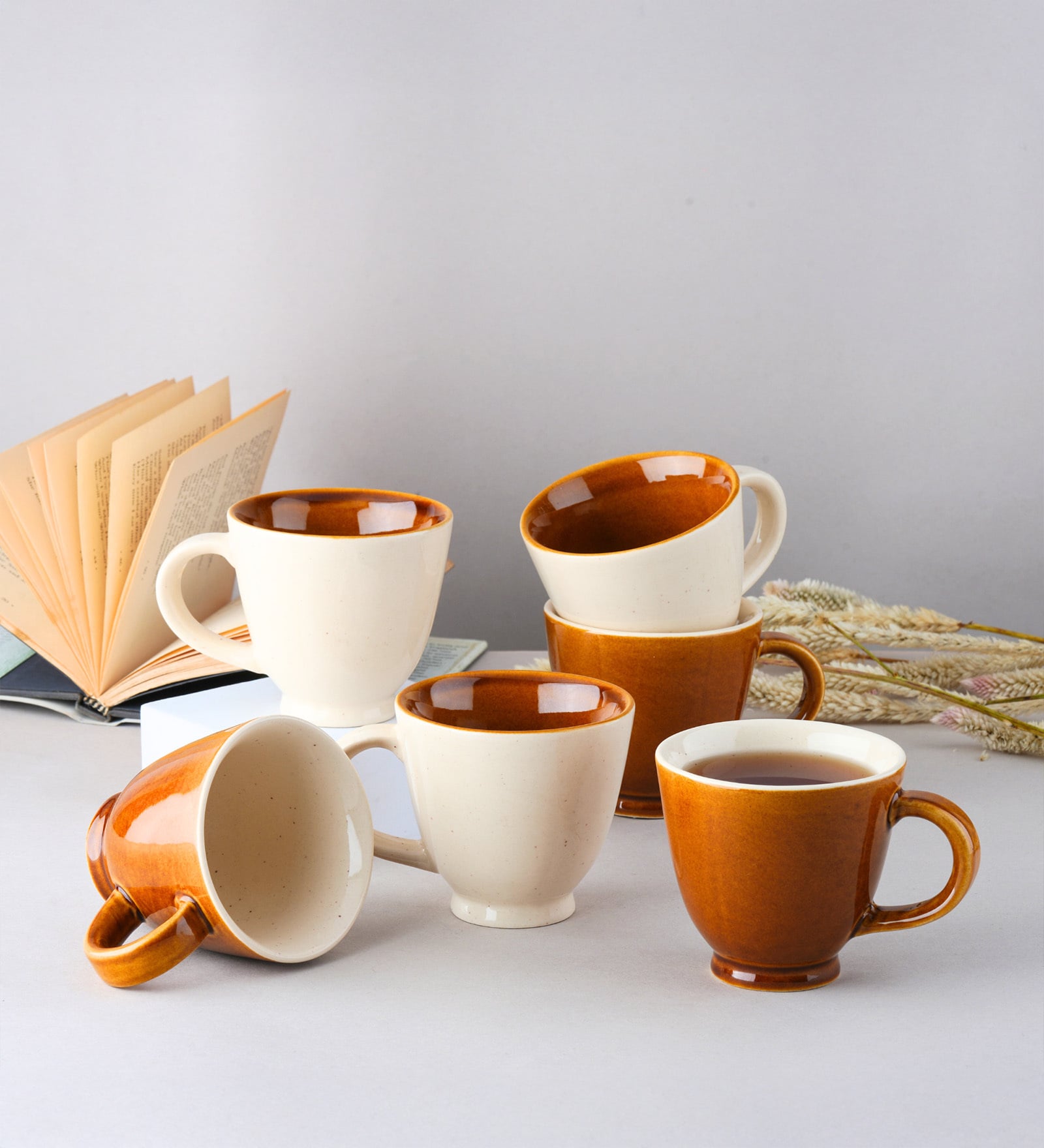 (Set Of 6) Animal Bone Ash Free Stoneware Tea Cups (Brown & White)