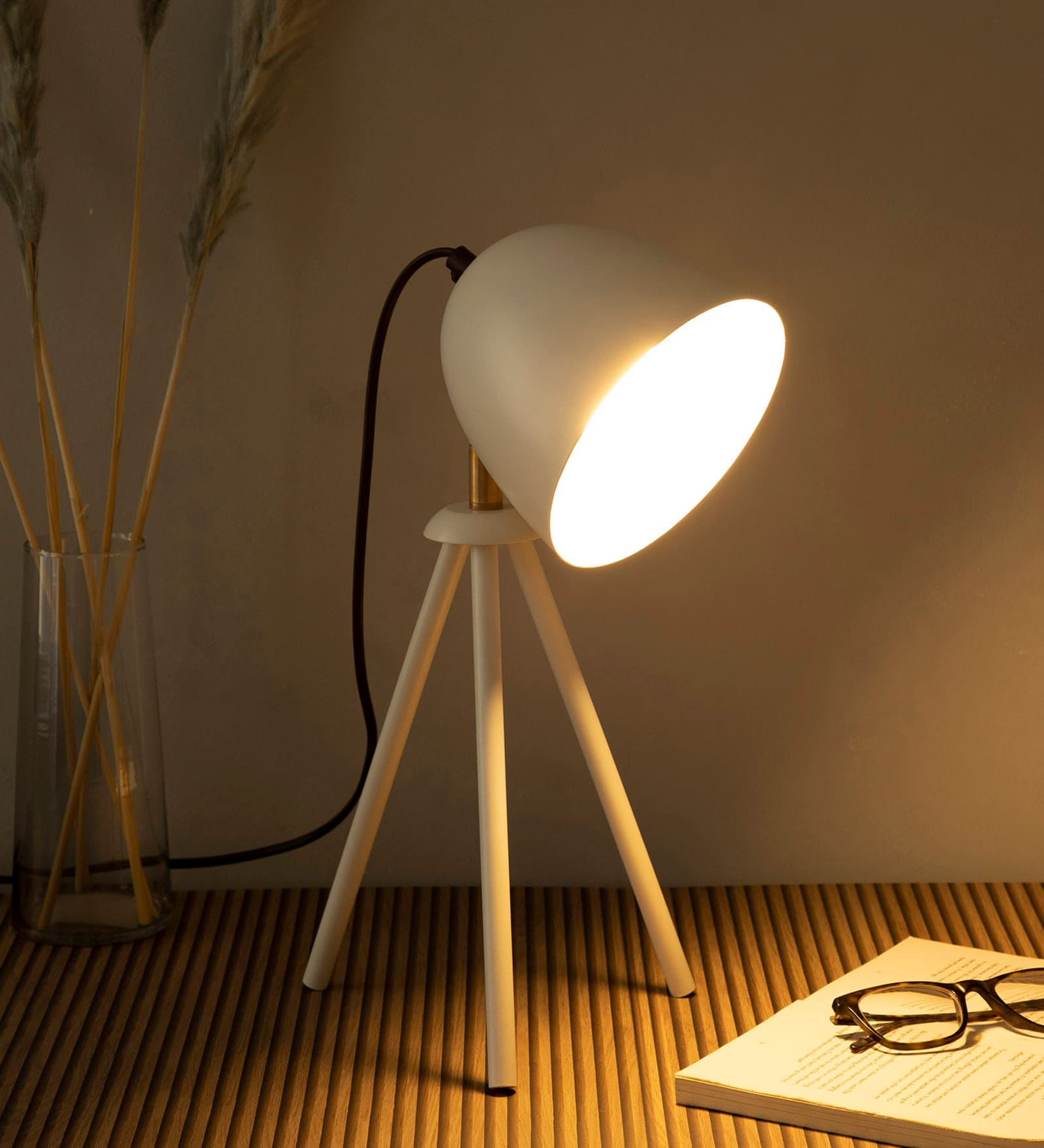 Anis White Teak Wood Tripod Table Lamp
